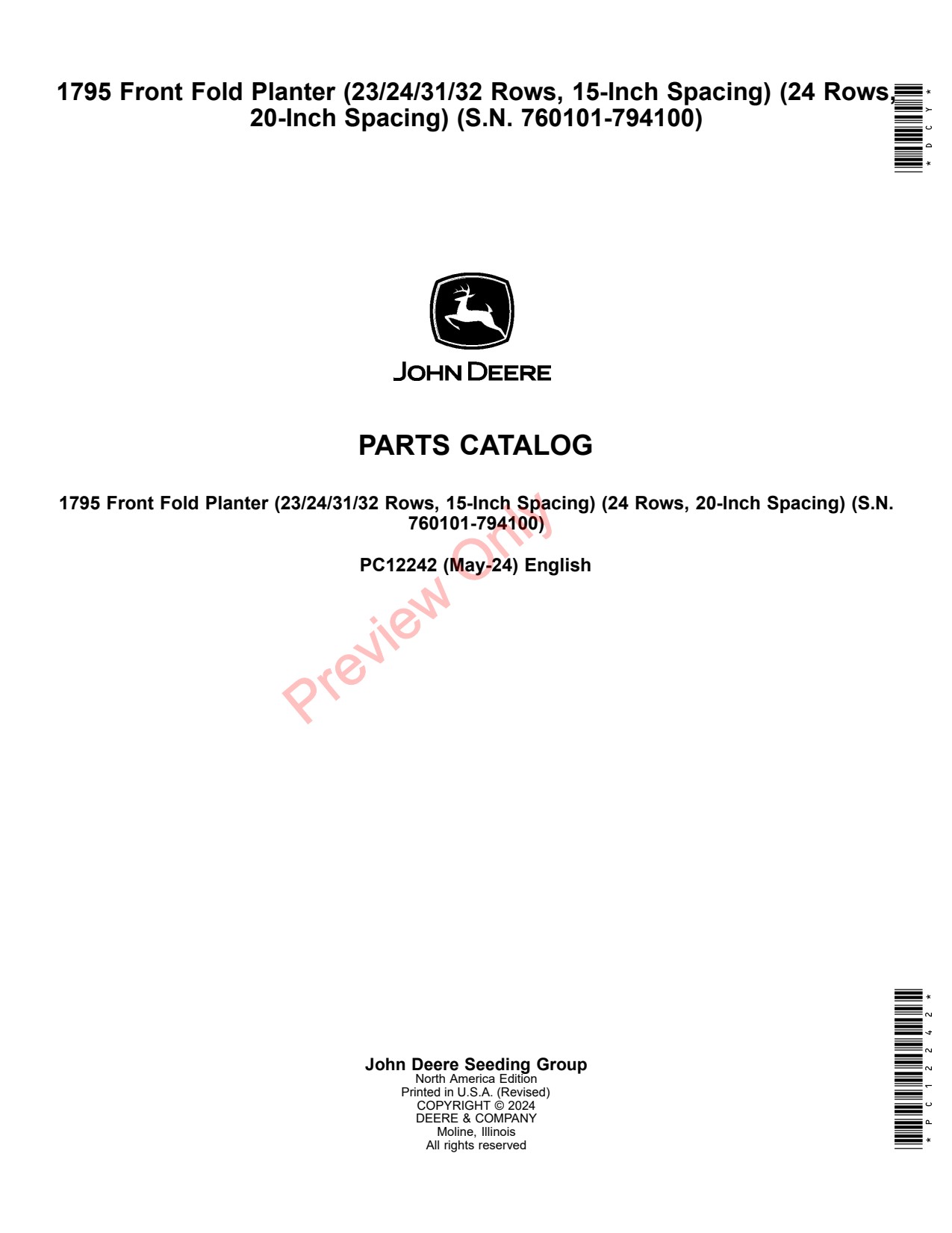 John Deere 1795 23 24 31 32 15 20 Front Fold Planter Parts Catalog PC12242 1 John Deere 1795 23 24 31 32 15 20 Front Fold Planter Parts Catalog PC12242