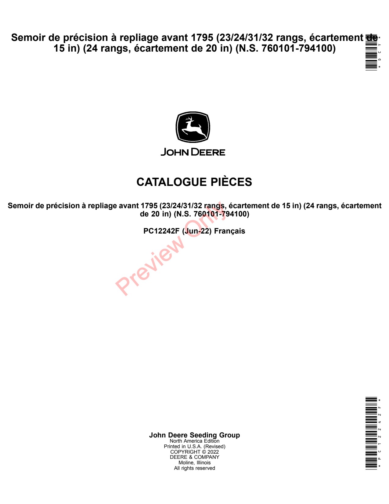 John Deere 1795 23 24 31 32 15 20 Front Fold Planter Parts Catalog PC12242F FR 1 John Deere 1795 23 24 31 32 15 20 Front Fold Planter Parts Catalog PC12242F FR
