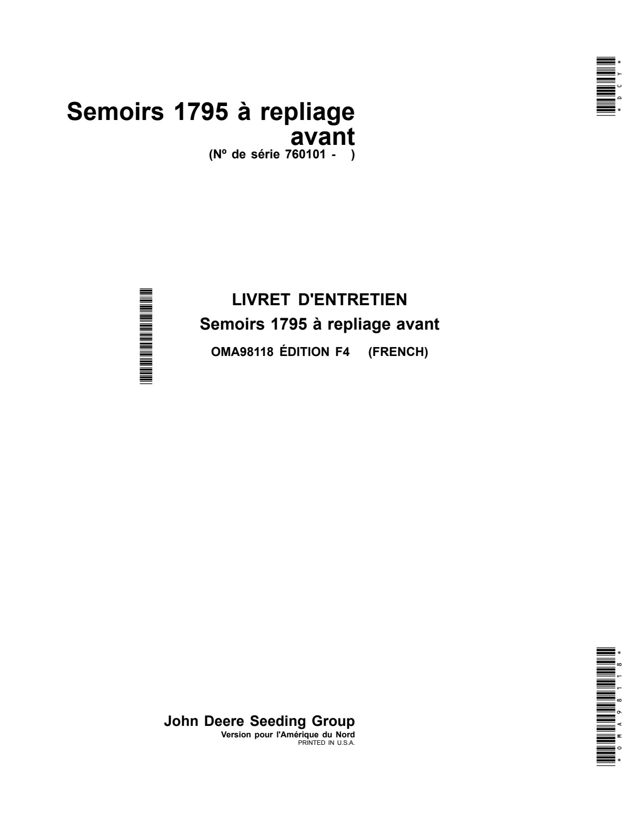 John Deere 1795 Front-fold Planter Operator Manual OMA98118 FR 1 John Deere 1795 Front-fold Planter Operator Manual OMA98118 FR