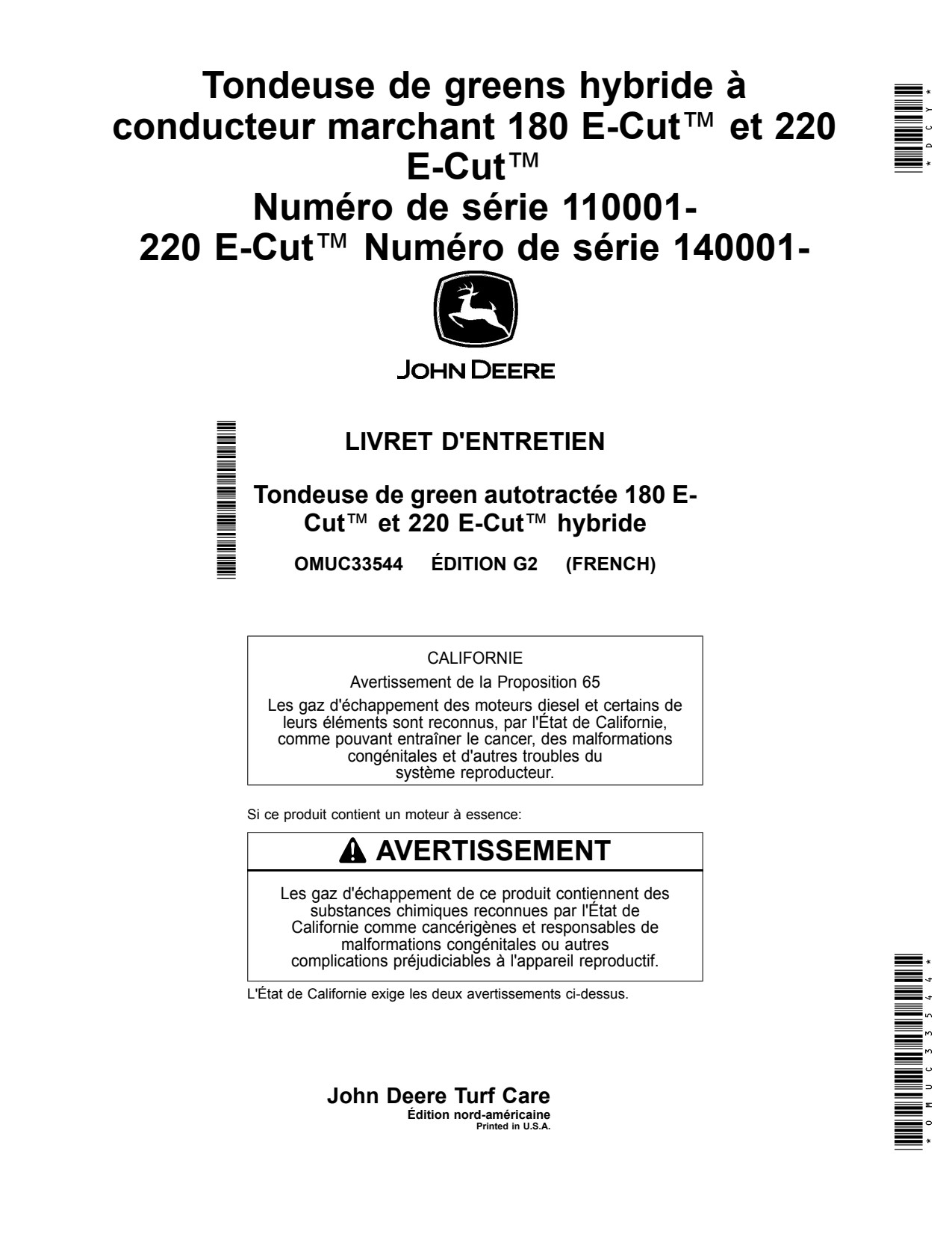John Deere 180 E-Cut Hybrid 220 Walk Greens Mower Operator Manual OMUC33544 FR 1 John Deere 180 E-Cut Hybrid 220 Walk Greens Mower Operator Manual OMUC33544 FR