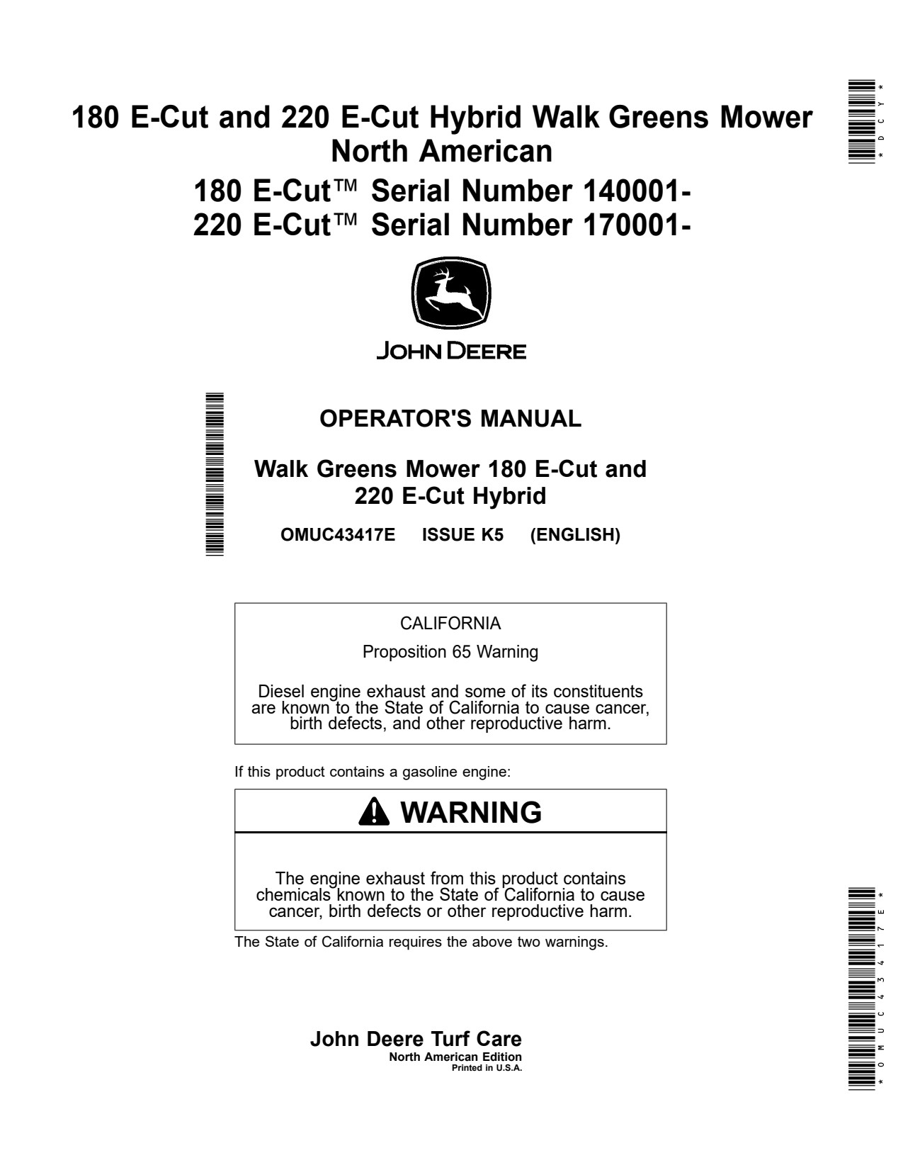 John Deere 180 E-Cut Hybrid 220 Walk Greens Mower Operator Manual OMUC43417E 1 John Deere 180 E-Cut Hybrid 220 Walk Greens Mower Operator Manual OMUC43417E