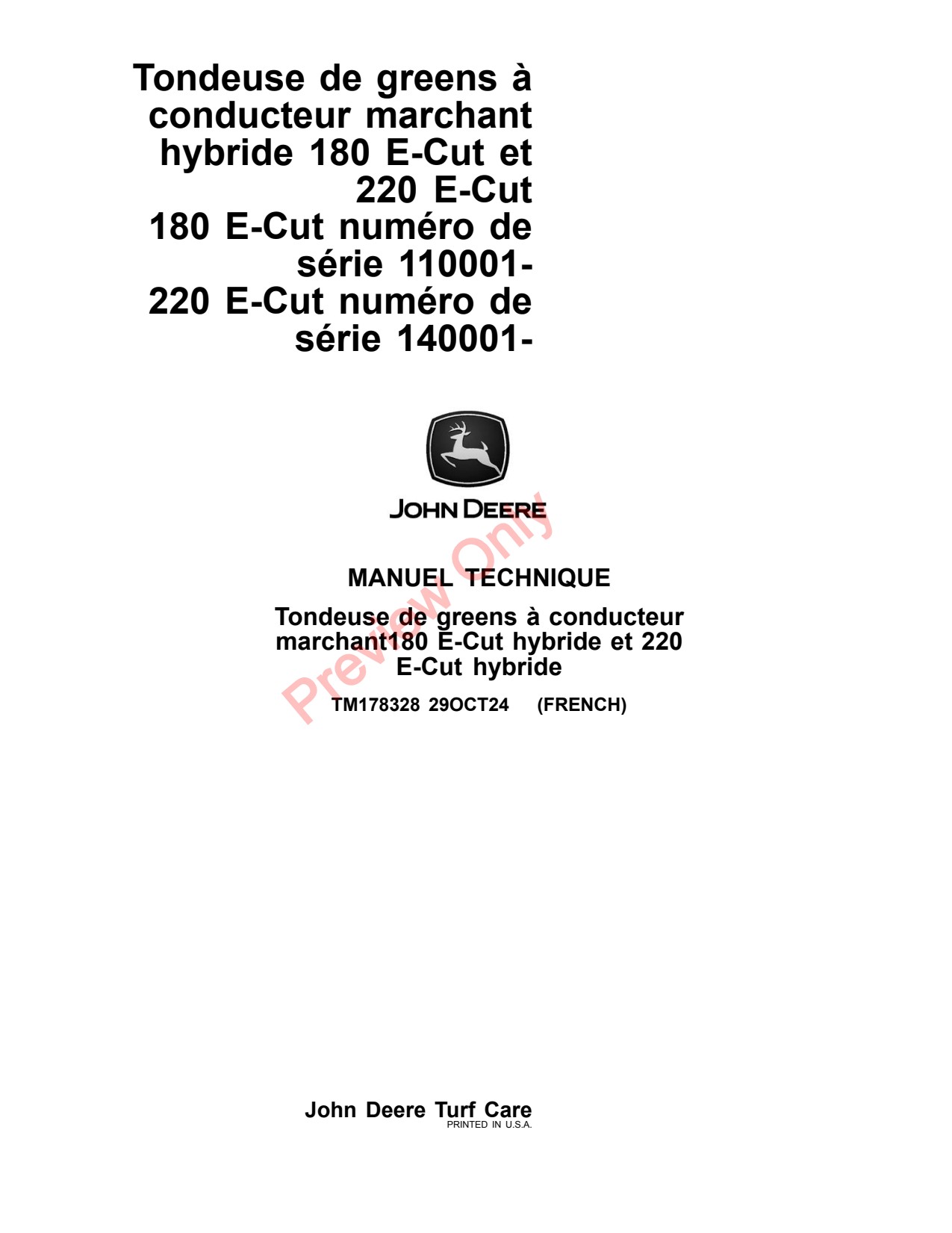 John Deere 180 E-Cut Hybrid 220 Walk Greens Mower Technical Manual TM178328 FR 1 John Deere 180 E-Cut Hybrid 220 Walk Greens Mower Technical Manual TM178328 FR