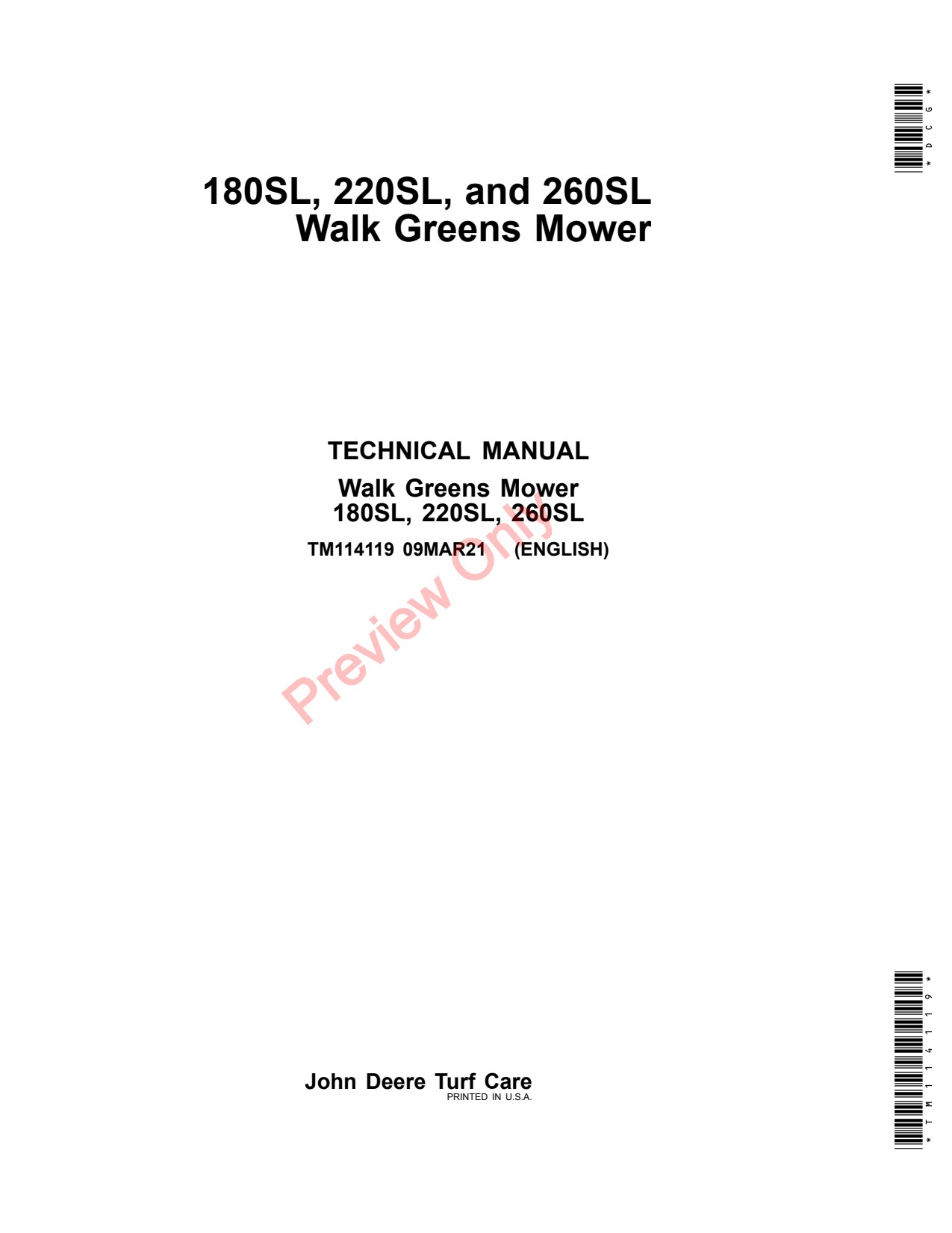 John Deere 180SL 220SL 260SL Walk Greens Mower Technical Manual TM114119 1 John Deere 180SL 220SL 260SL Walk Greens Mower Technical Manual TM114119