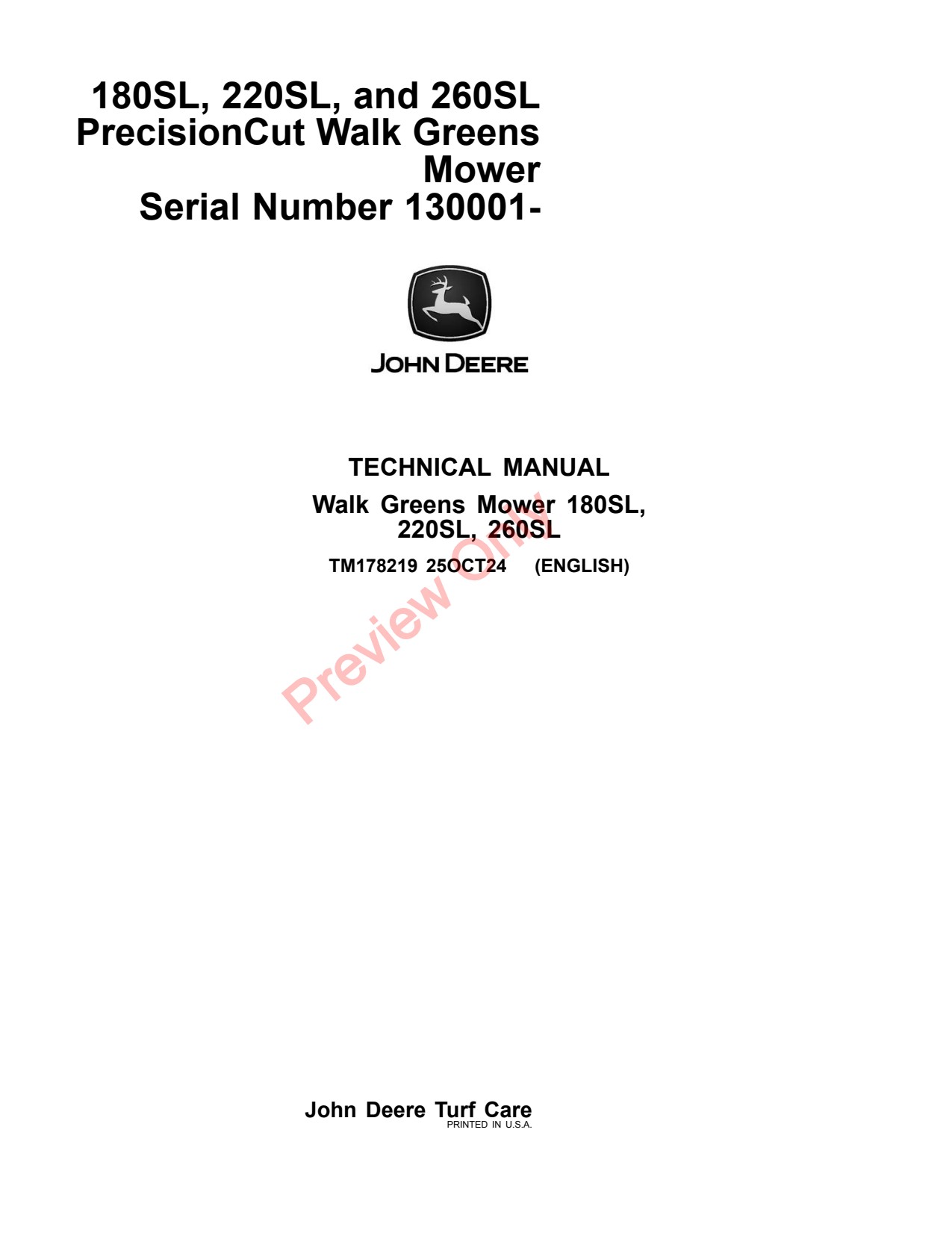 John Deere 180SL 220SL 260SL Walk Greens Mower Technical Manual TM178219 1 John Deere 180SL 220SL 260SL Walk Greens Mower Technical Manual TM178219