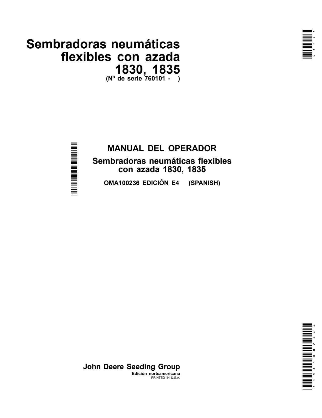 John Deere 1830 1835 Air Hoe Drill Operator Manual OMA100236 ES 1 John Deere 1830 1835 Air Hoe Drill Operator Manual OMA100236 ES