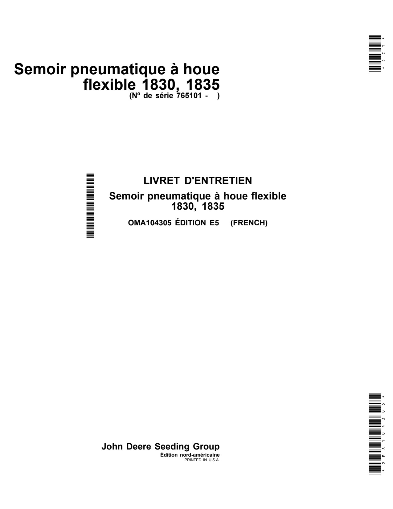 John Deere 1830 1835 Air Hoe Drill Operator Manual OMA104305 FR 1 John Deere 1830 1835 Air Hoe Drill Operator Manual OMA104305 FR