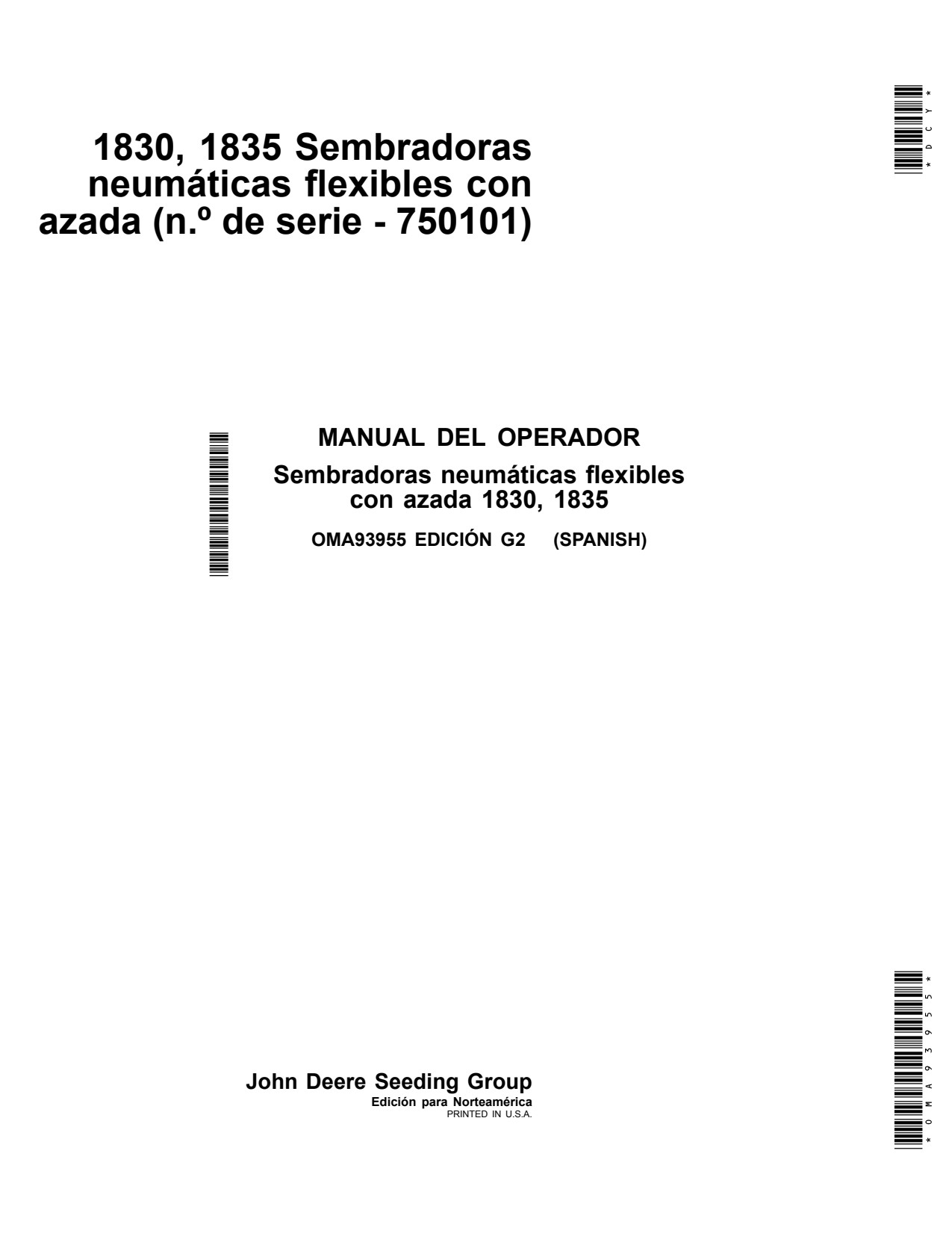 John Deere 1830 1835 Air Hoe Drill Operator Manual OMA93955 ES 1 John Deere 1830 1835 Air Hoe Drill Operator Manual OMA93955 ES