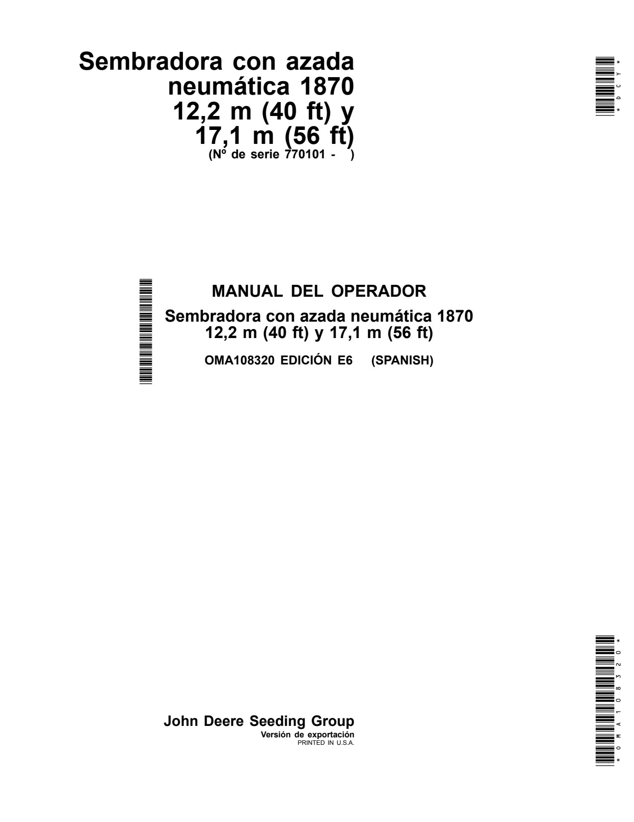 John Deere 1870 12 40 17 56 Air Hoe Drill Operator Manual OMA108320 ES 1 John Deere 1870 12 40 17 56 Air Hoe Drill Operator Manual OMA108320 ES