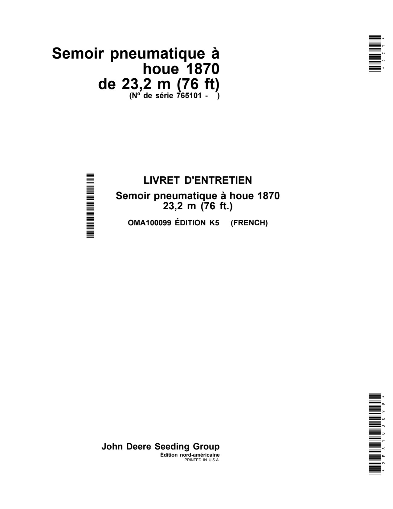 John Deere 1870 23 76 Air Hoe Drill Operator Manual OMA100099 FR 1 John Deere 1870 23 76 Air Hoe Drill Operator Manual OMA100099 FR
