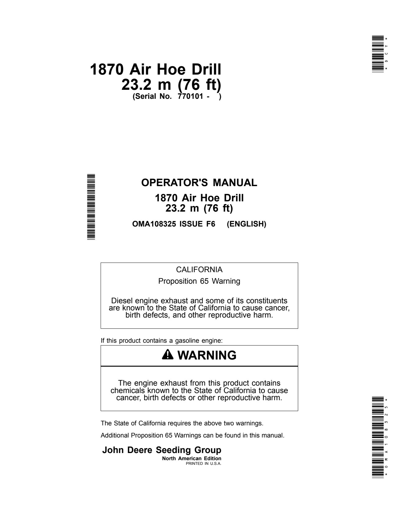 John Deere 1870 23 76 Air Hoe Drill Operator Manual OMA108325 1 John Deere 1870 23 76 Air Hoe Drill Operator Manual OMA108325