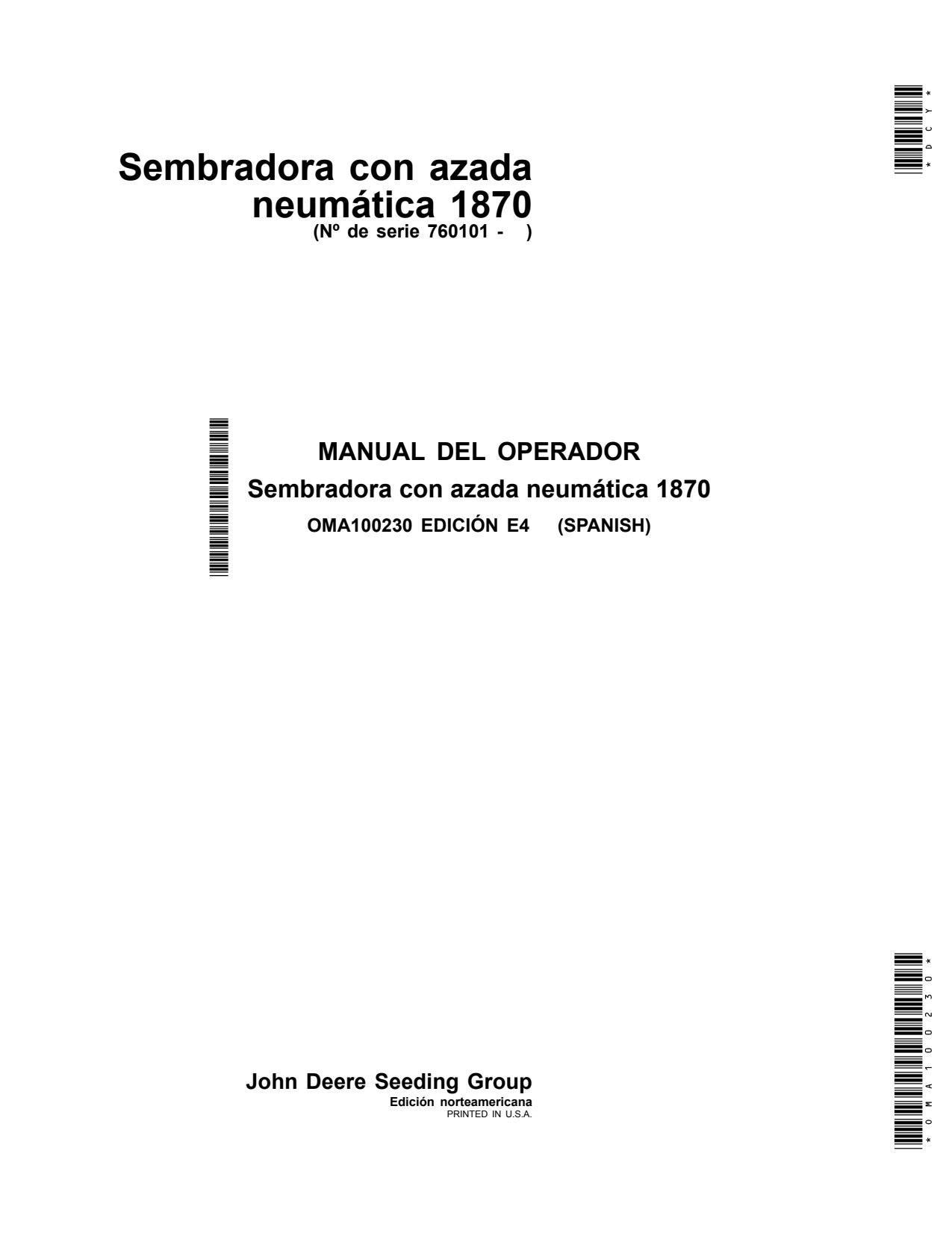 John Deere 1870 Air Hoe Drill Operator Manual OMA100230 ES 1 John Deere 1870 Air Hoe Drill Operator Manual OMA100230 ES
