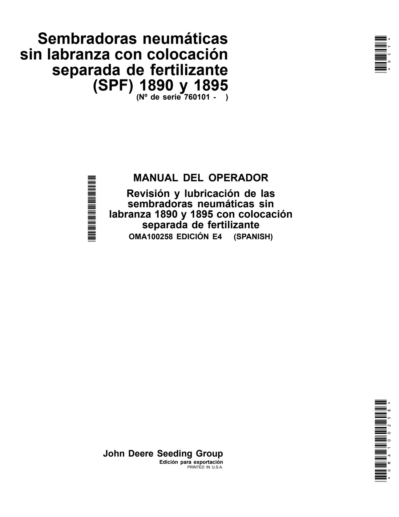 John Deere 1890 1895 No-till Air Drill Operator Manual OMA100258 ES 1 John Deere 1890 1895 No-till Air Drill Operator Manual OMA100258 ES