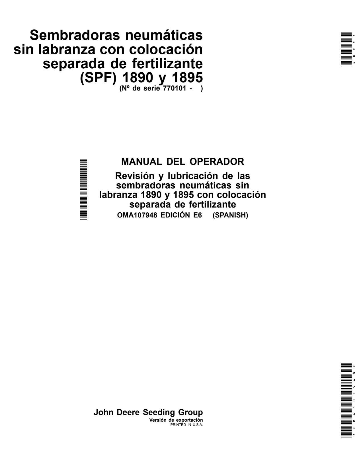 John Deere 1890 1895 No-till Air Drill Operator Manual OMA107948 ES 1 John Deere 1890 1895 No-till Air Drill Operator Manual OMA107948 ES