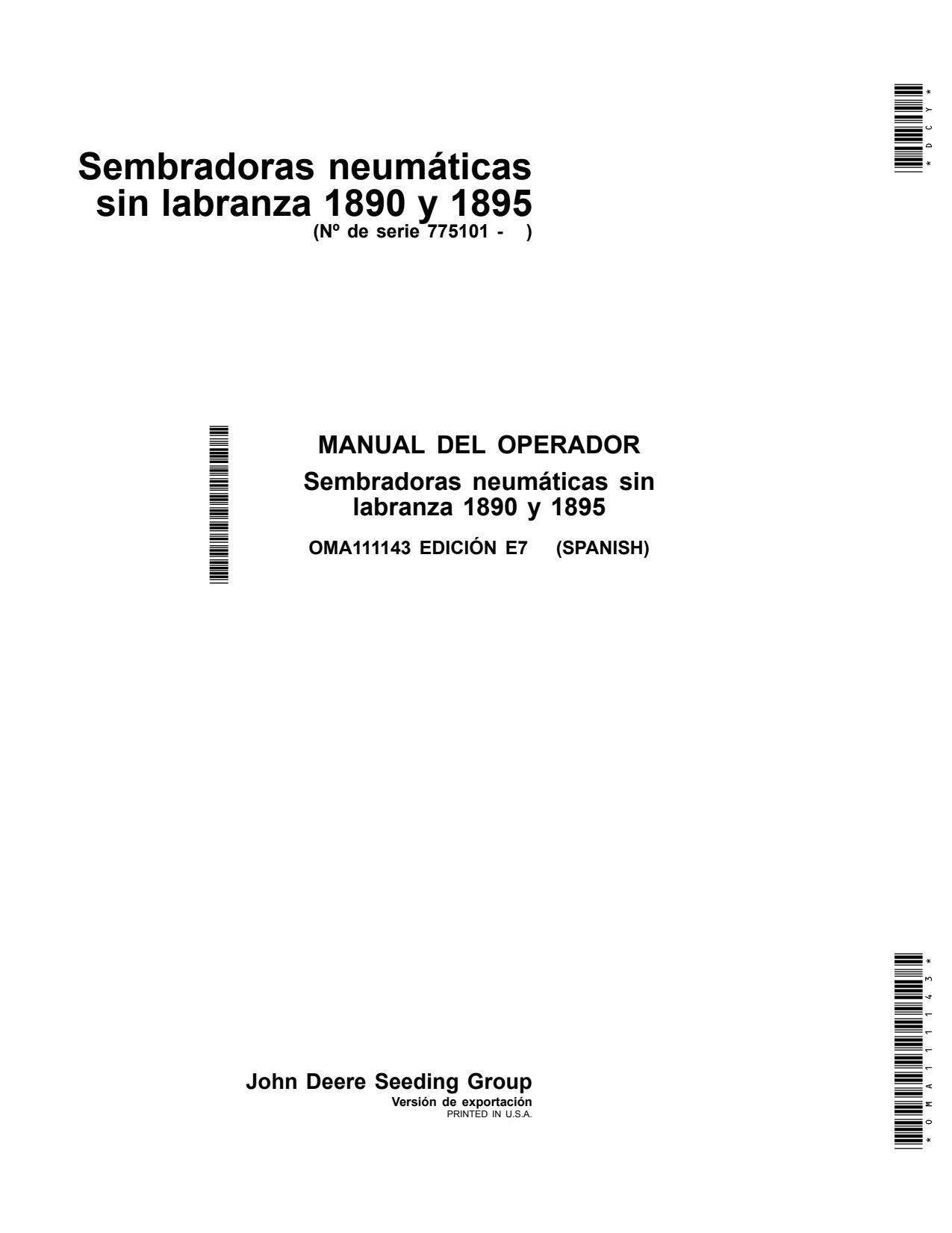 John Deere 1890 1895 No-till Air Drill Operator Manual OMA111143 ES 1 John Deere 1890 1895 No-till Air Drill Operator Manual OMA111143 ES