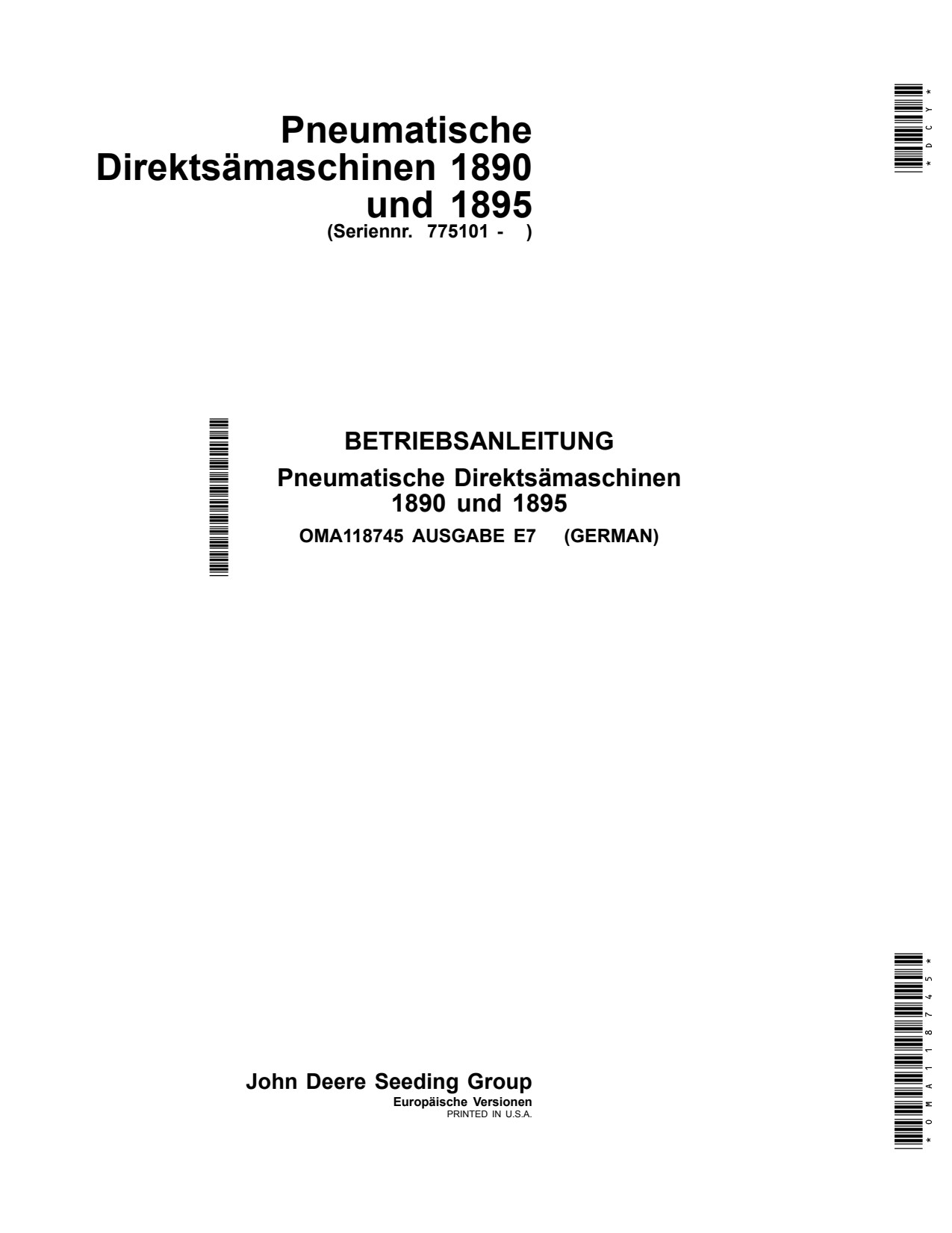 John Deere 1890 1895 No-till Air Drill Operator Manual OMA118745 DE 1 John Deere 1890 1895 No-till Air Drill Operator Manual OMA118745 DE