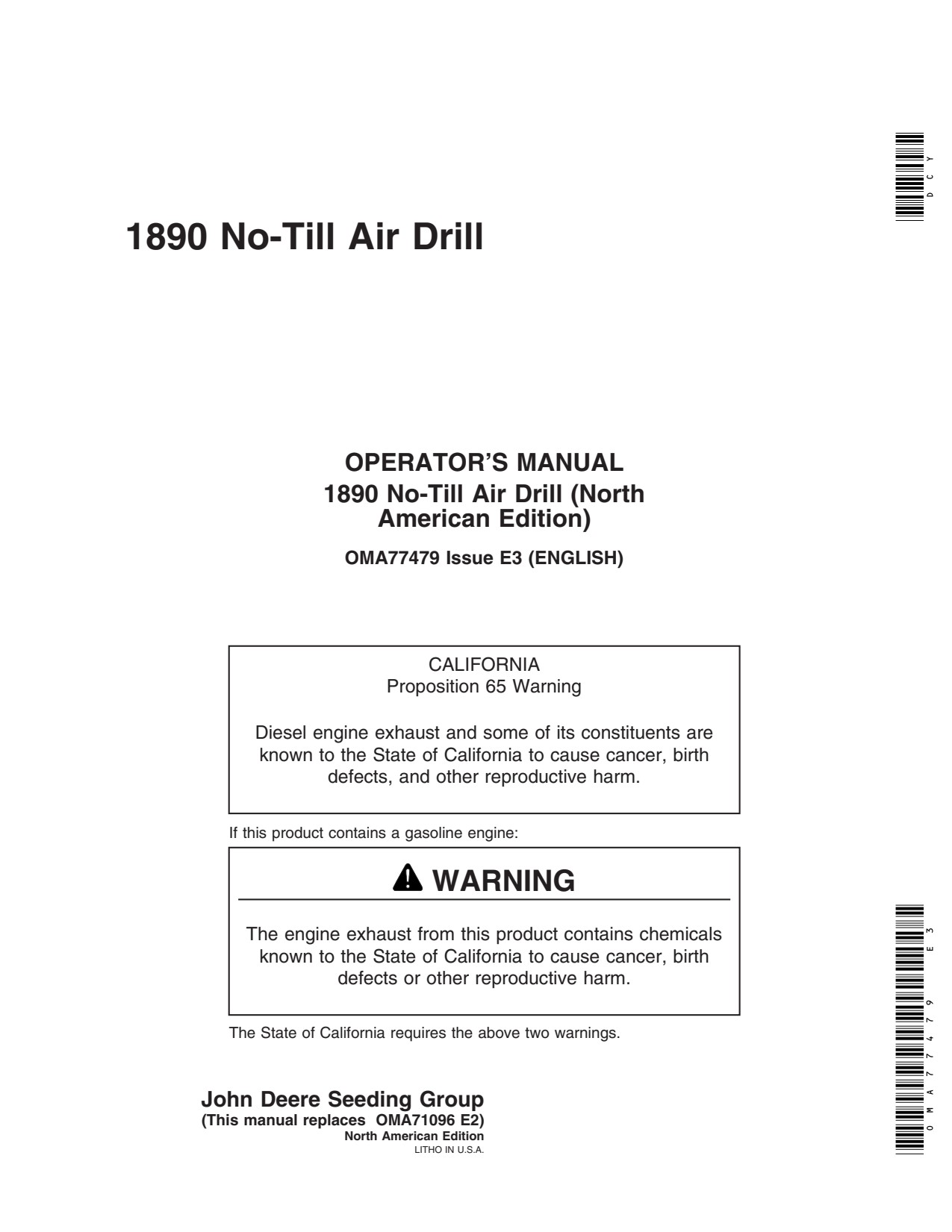 John Deere 1890 No-till Air Drill Operator Manual OMA77479 1 John Deere 1890 No-till Air Drill Operator Manual OMA77479