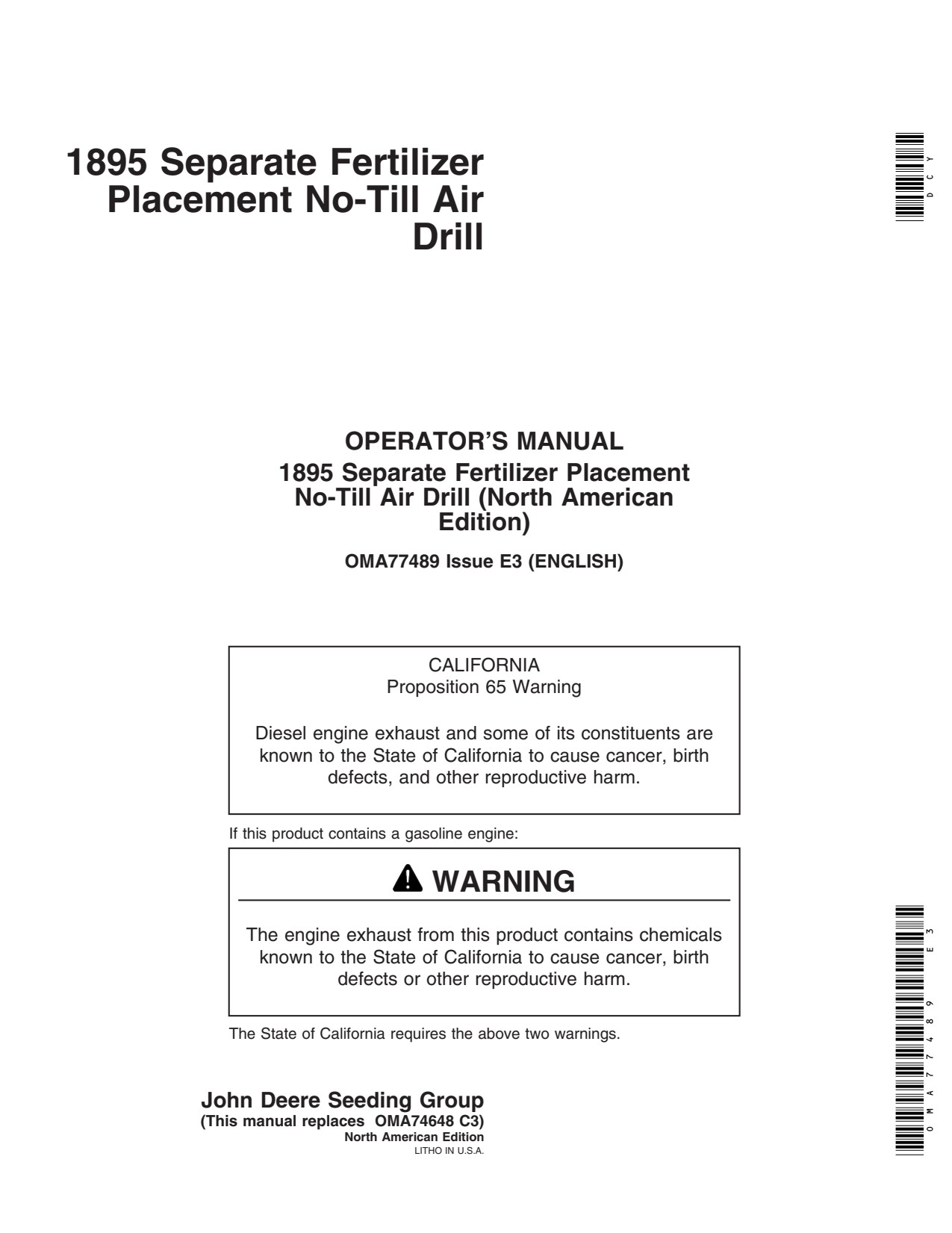 John Deere 1895 No-till Air Drill Operator Manual OMA77489 1 John Deere 1895 No-till Air Drill Operator Manual OMA77489