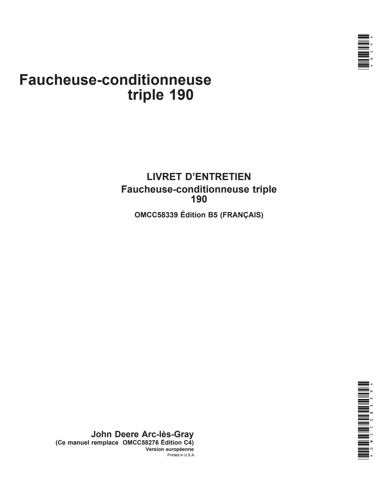 John Deere 190 Triple Mower Conditioner Operator Manual OMCC58339 FR 1 John Deere 190 Triple Mower Conditioner Operator Manual OMCC58339 FR