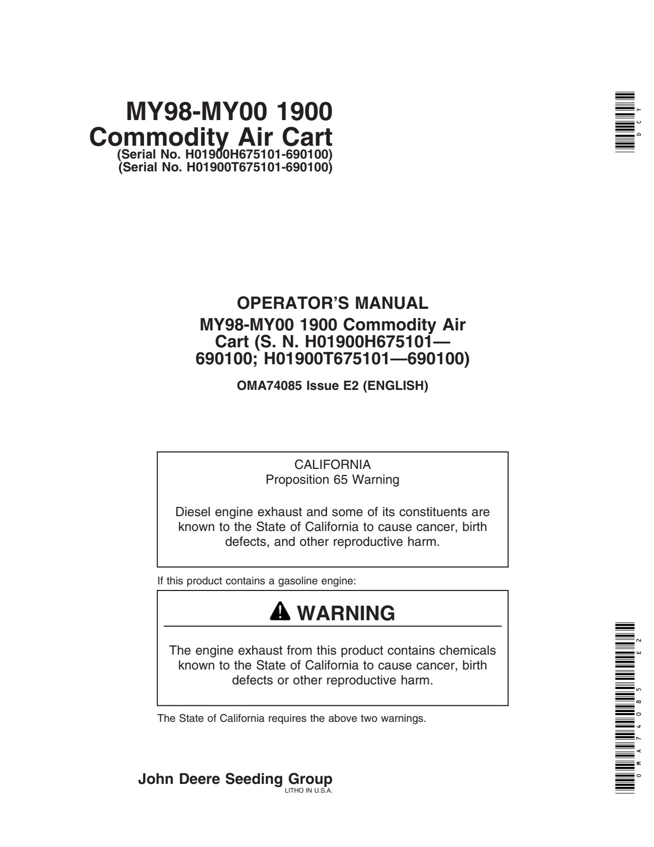 John Deere 1900 Commodity Air Cart Operator Manual OMA74085 1 John Deere 1900 Commodity Air Cart Operator Manual OMA74085