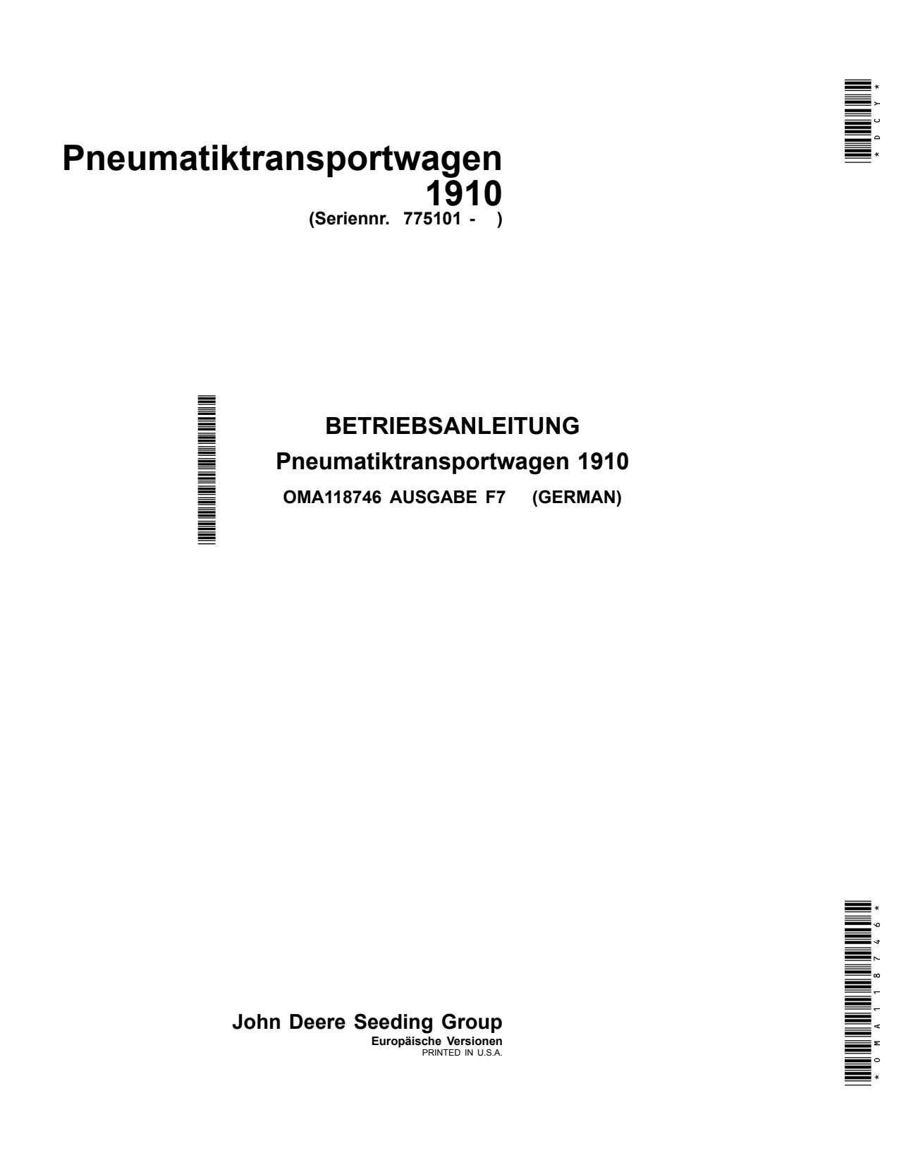 John Deere 1910 Commodity Air Cart Operator Manual OMA118746 DE 1 John Deere 1910 Commodity Air Cart Operator Manual OMA118746 DE