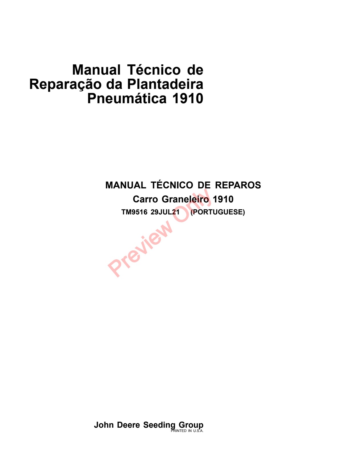 John Deere 1910 Commodity Air Cart Repair Technical Manual TM9516 PT 1 John Deere 1910 Commodity Air Cart Repair Technical Manual TM9516 PT