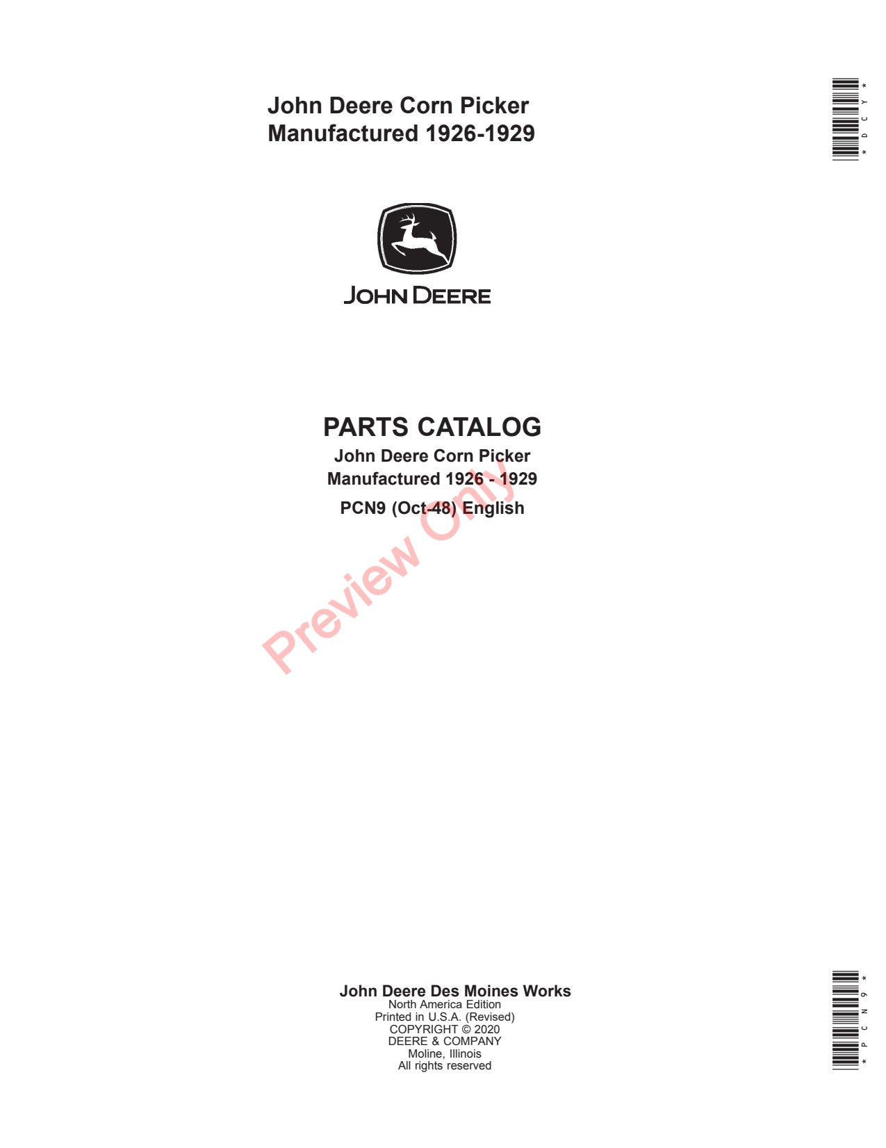 John Deere 1926 -1929 Corn Picker Parts Catalog PCN9 1 John Deere 1926 -1929 Corn Picker Parts Catalog PCN9