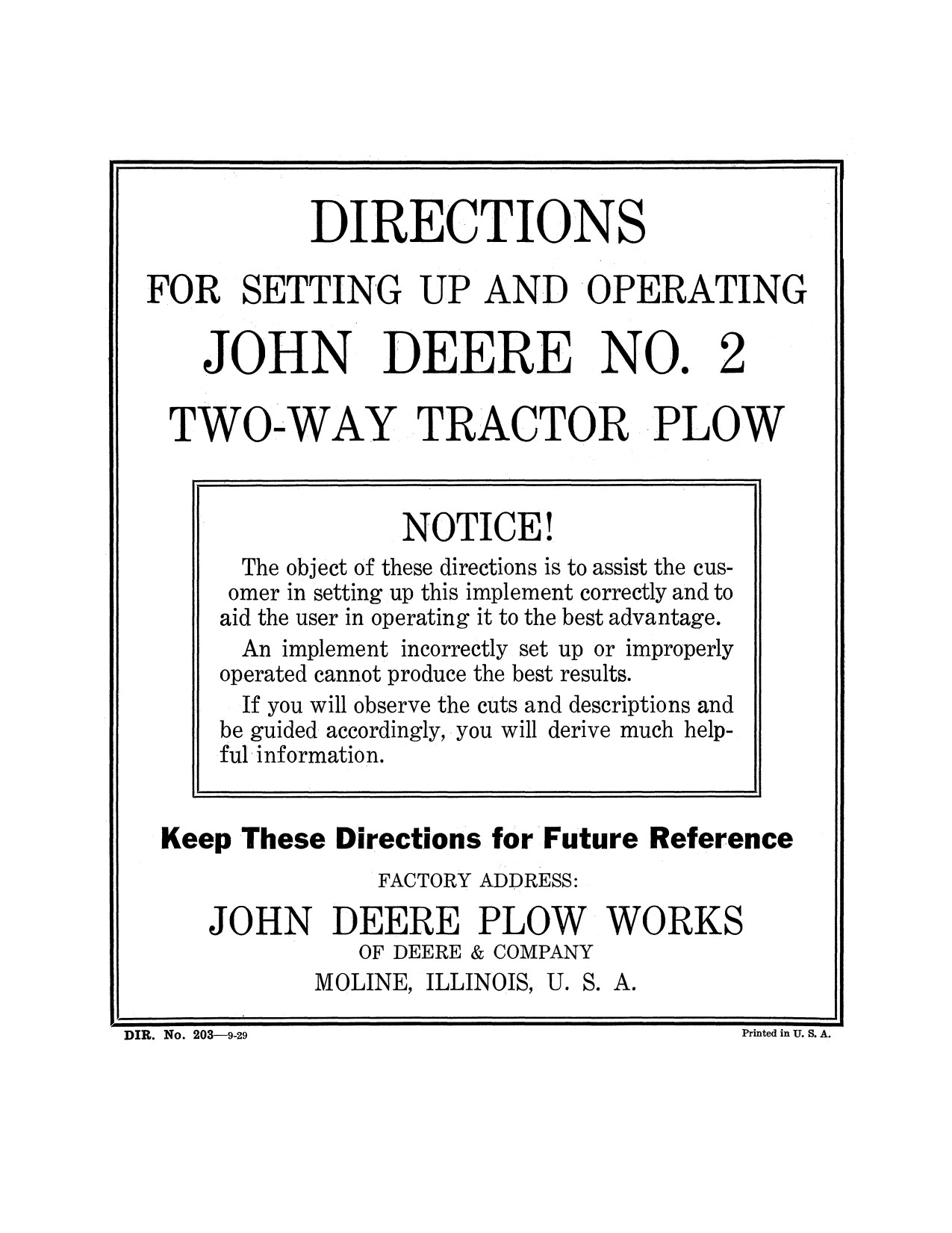 John Deere 2 Two-way Tractor Plow Operator Manual DIR203 1 John Deere 2 Two-way Tractor Plow Operator Manual DIR203