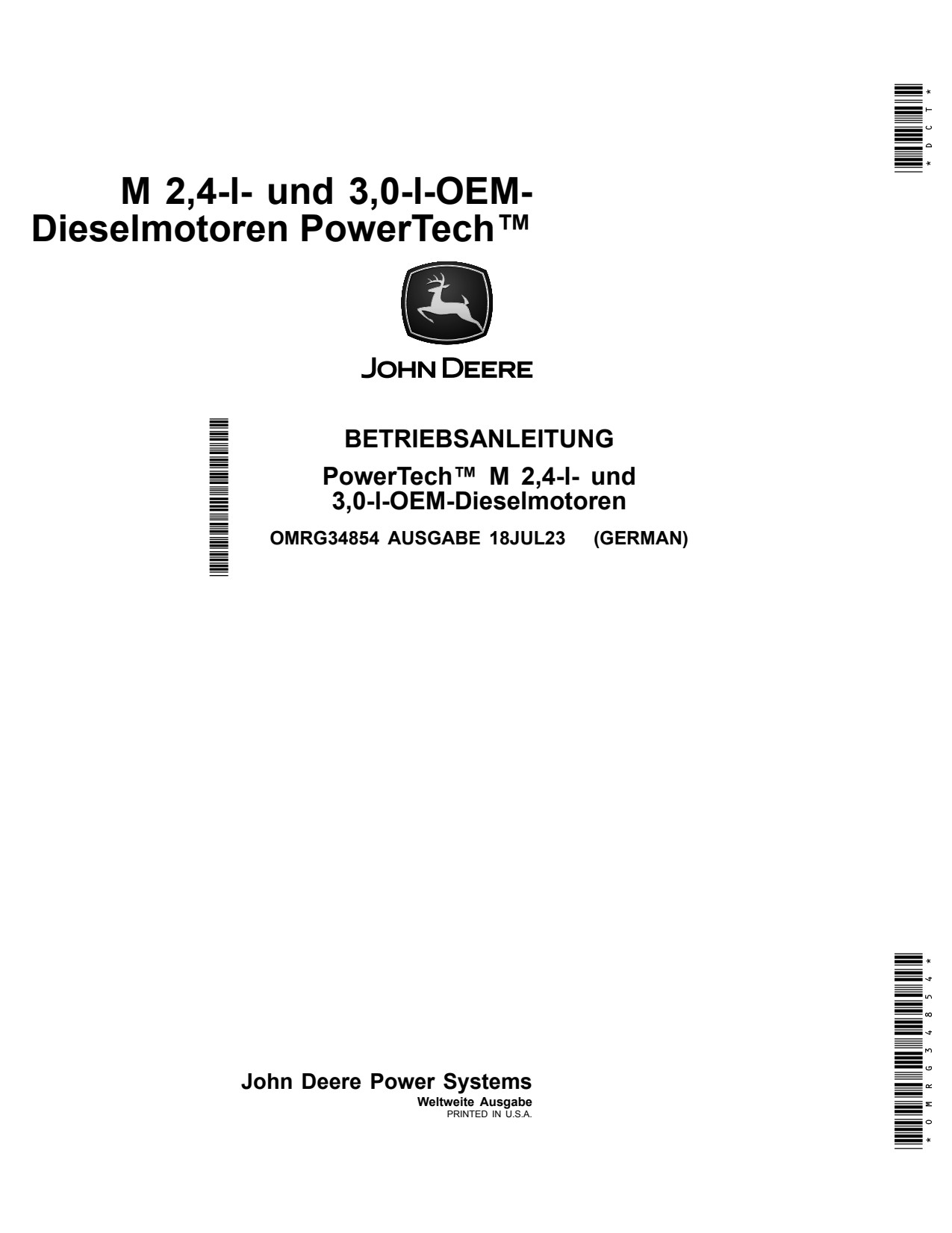 John Deere 2.4L 4024 3.0L 5030 OEM Diesel Engine Operator Manual OMRG34854 DE 1 John Deere 2.4L 4024 3.0L 5030 OEM Diesel Engine Operator Manual OMRG34854 DE