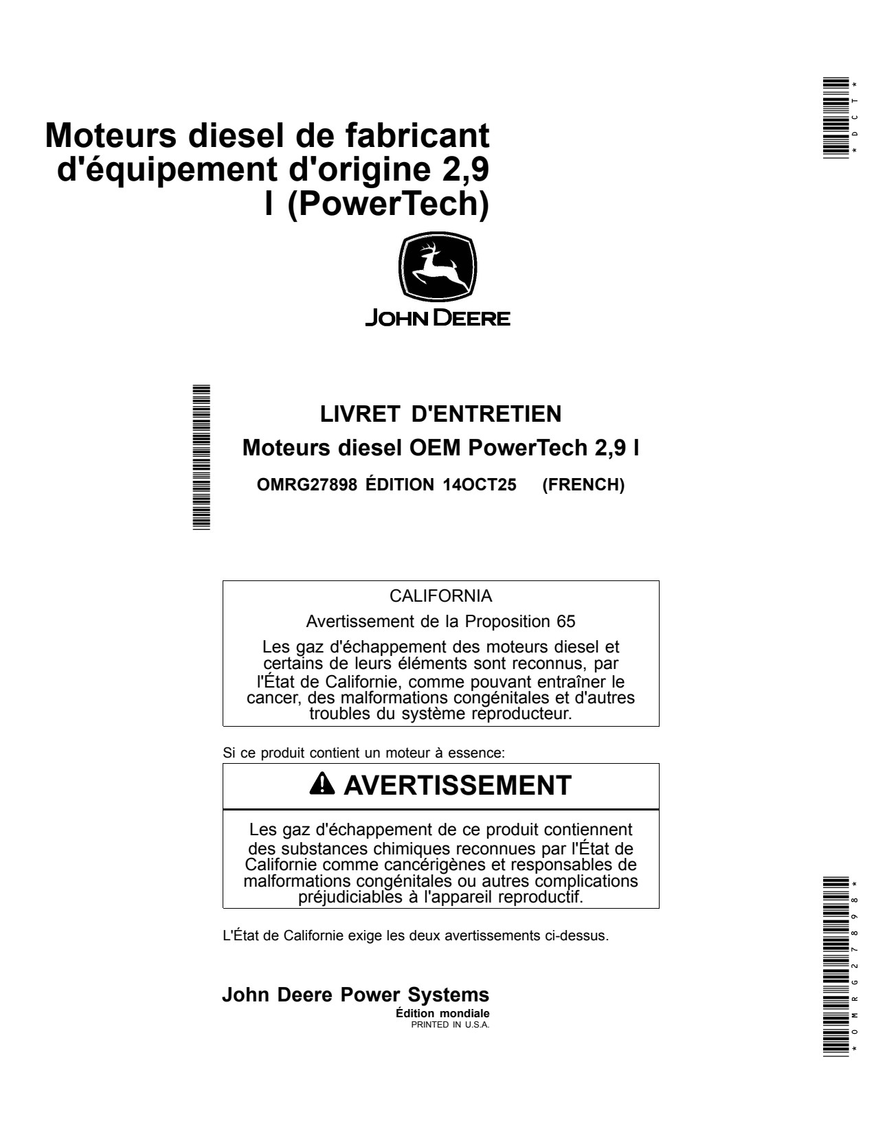 John Deere 2.9L 3029 OEM Diesel Engine Operator Manual OMRG27898 FR 1 John Deere 2.9L 3029 OEM Diesel Engine Operator Manual OMRG27898 FR
