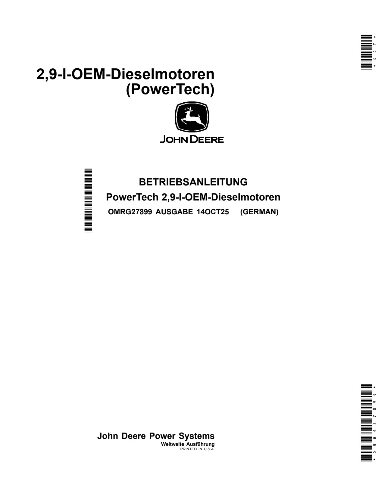 John Deere 2.9L 3029 OEM Diesel Engine Operator Manual OMRG27899 DE 1 John Deere 2.9L 3029 OEM Diesel Engine Operator Manual OMRG27899 DE