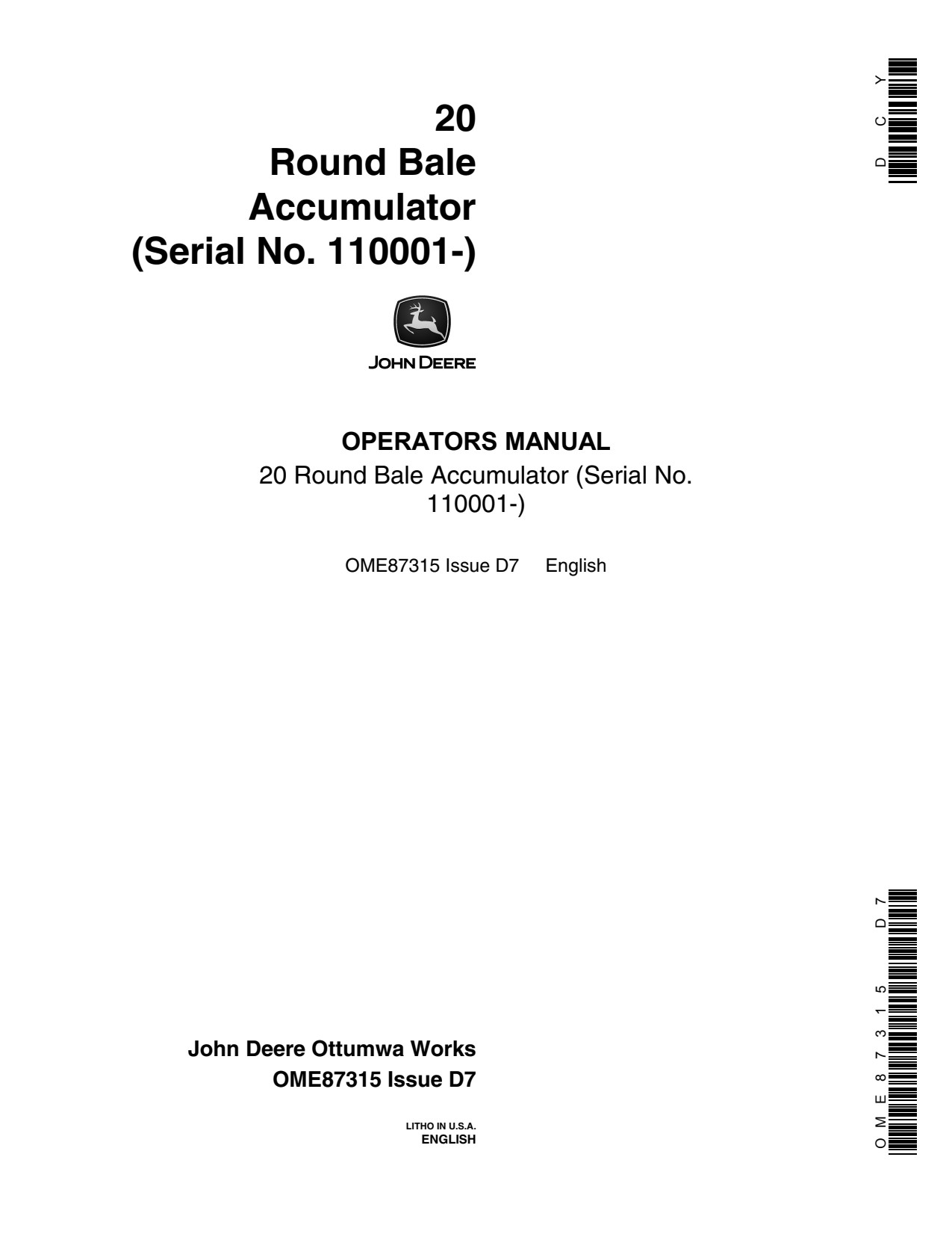 John Deere 20 Round Bale Accumulator Operator Manual OME87315 1 John Deere 20 Round Bale Accumulator Operator Manual OME87315