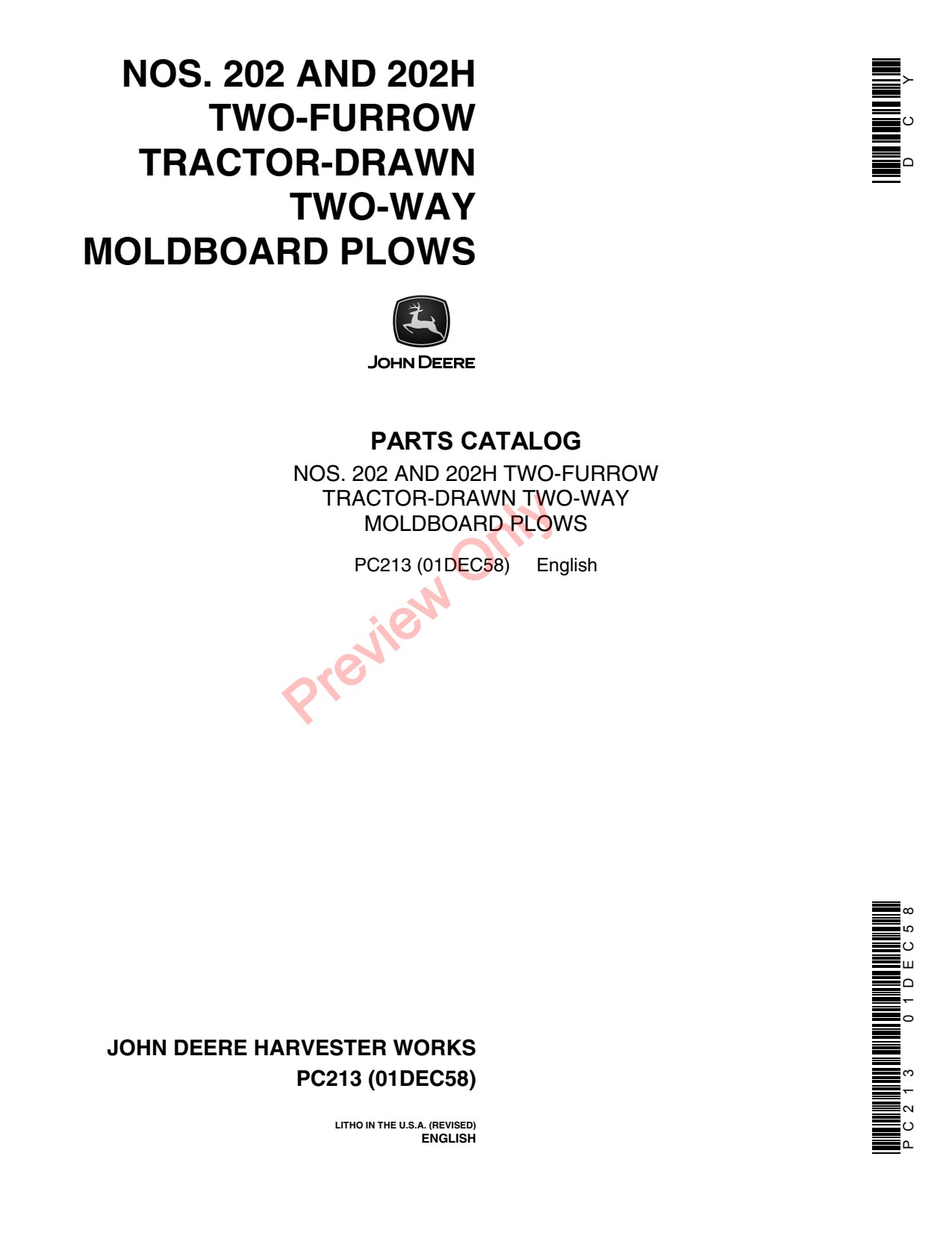 John Deere 202 202H Tractor-drawn Two-way Moldboard Plow Parts Catalog PC213 1 John Deere 202 202H Tractor-drawn Two-way Moldboard Plow Parts Catalog PC213