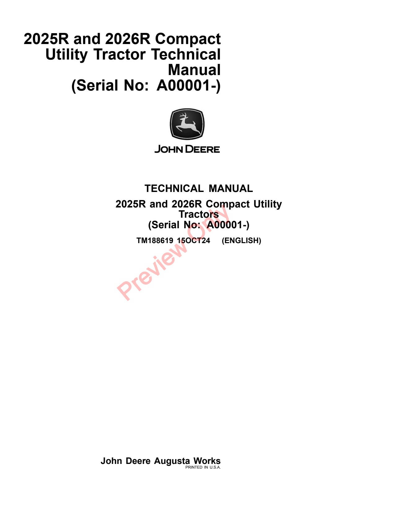 John Deere 2025R 2026R A00001 Compact Utility Tractor Technical Manual TM188619 1 John Deere 2025R 2026R A00001 Compact Utility Tractor Technical Manual TM188619