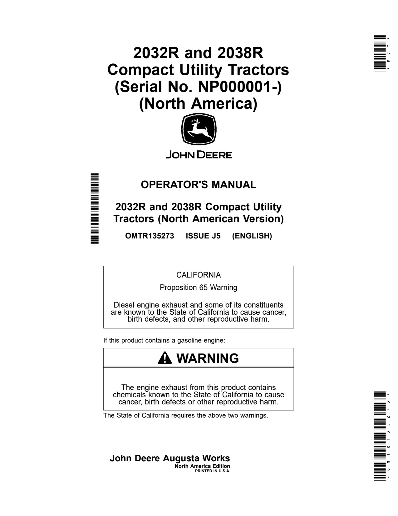 John Deere 2032R 2038R Compact Utility Tractor Operator Manual OMTR135273 1 John Deere 2032R 2038R Compact Utility Tractor Operator Manual OMTR135273