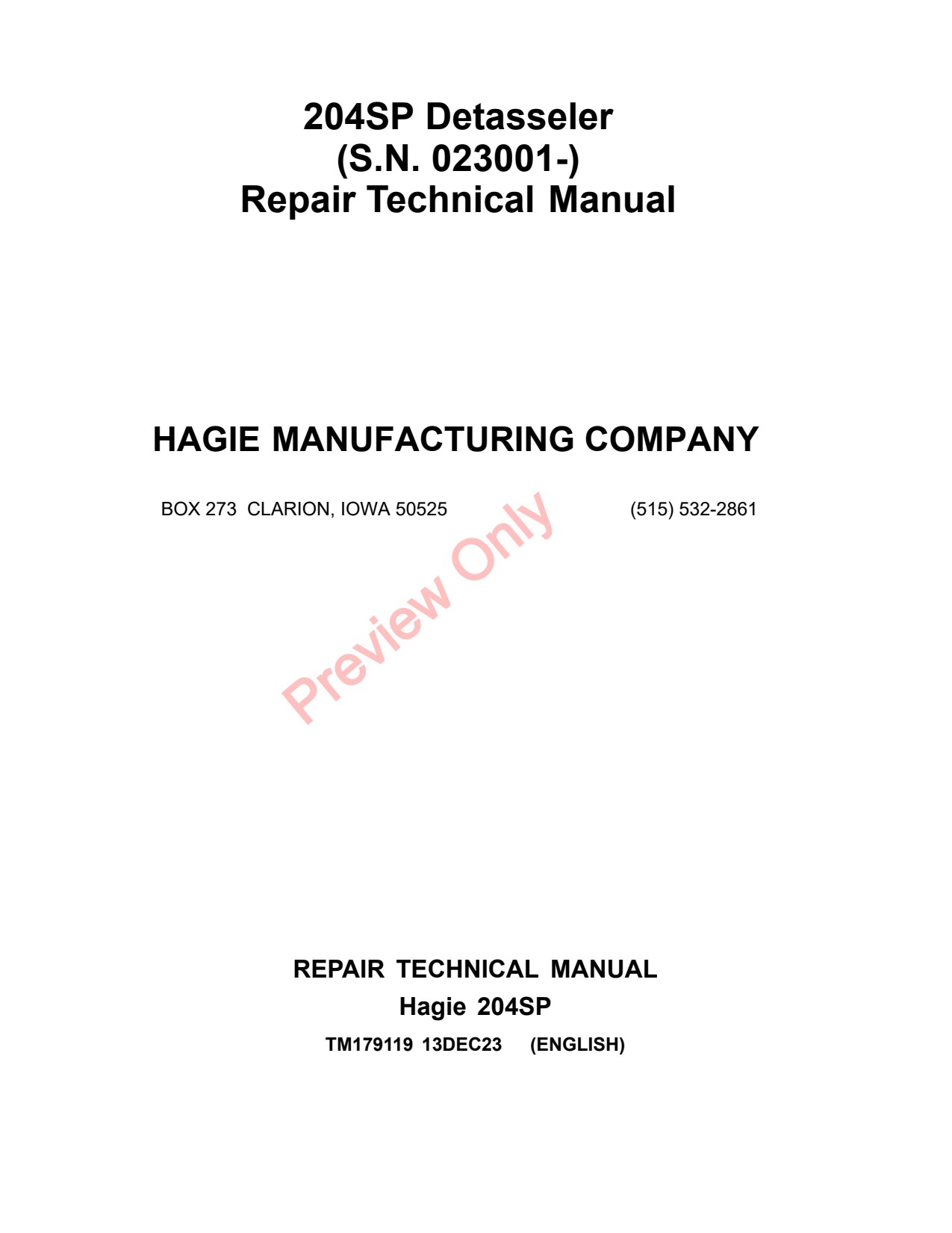 John Deere 204SP Detasseler Repair Technical Manual TM179119 1 John Deere 204SP Detasseler Repair Technical Manual TM179119