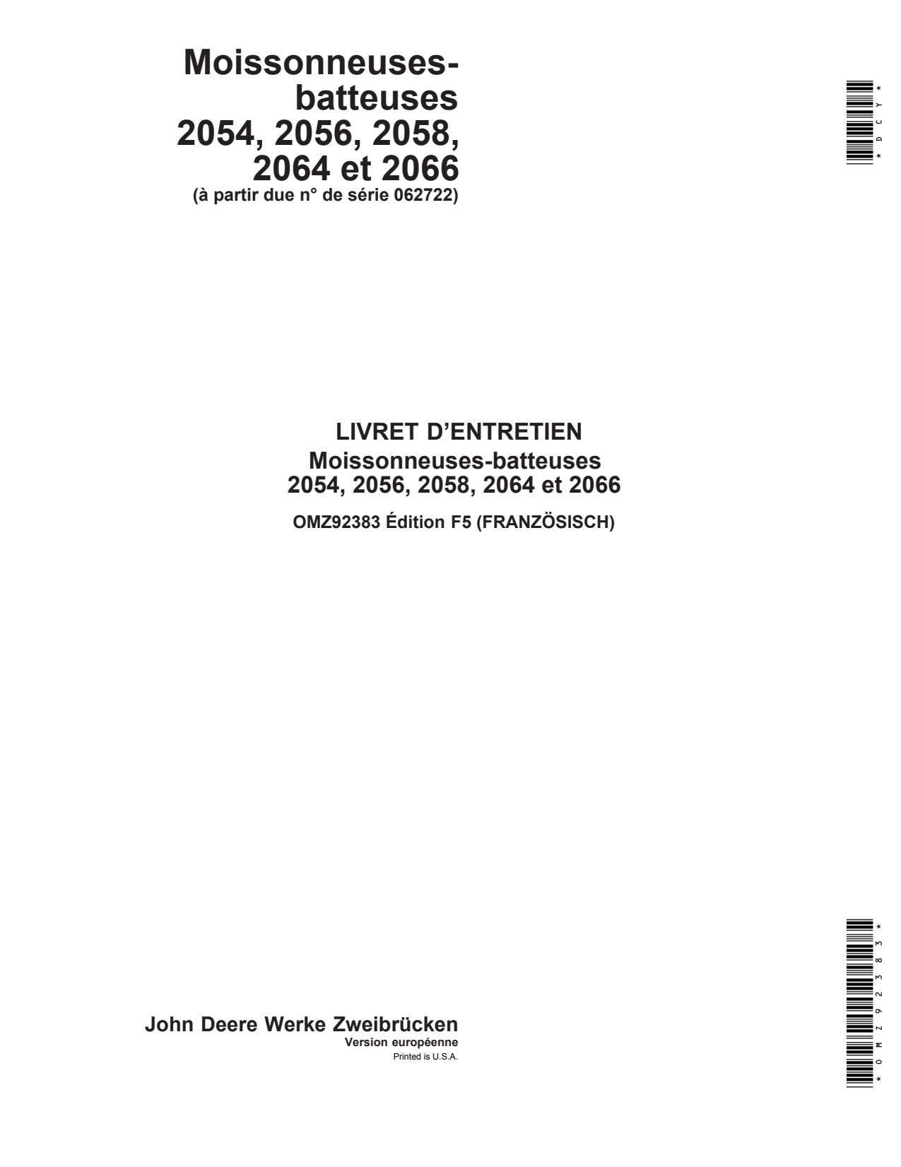 John Deere 2054 to 2058 2064 2066 Combine Operator Manual OMZ92383 FR 1 John Deere 2054 to 2058 2064 2066 Combine Operator Manual OMZ92383 FR