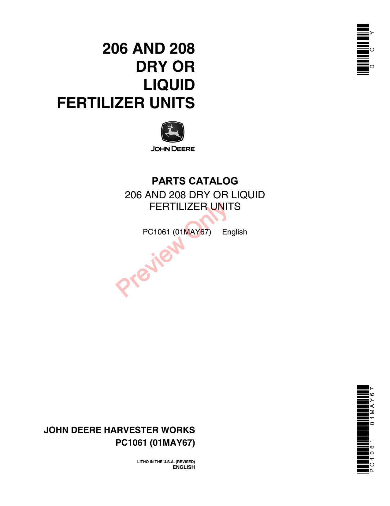 John Deere 206 208 Liquid Fertilizer Applicator Parts Catalog PC1061 1 John Deere 206 208 Liquid Fertilizer Applicator Parts Catalog PC1061