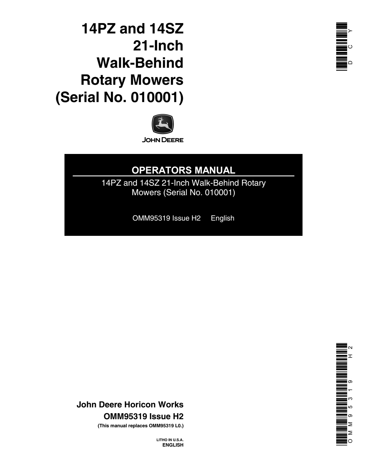John Deere 21 Inch 14PZ 14SZ Walk-behind Rotary Mower Operator Manual OMM95319 1 John Deere 21 Inch 14PZ 14SZ Walk-behind Rotary Mower Operator Manual OMM95319