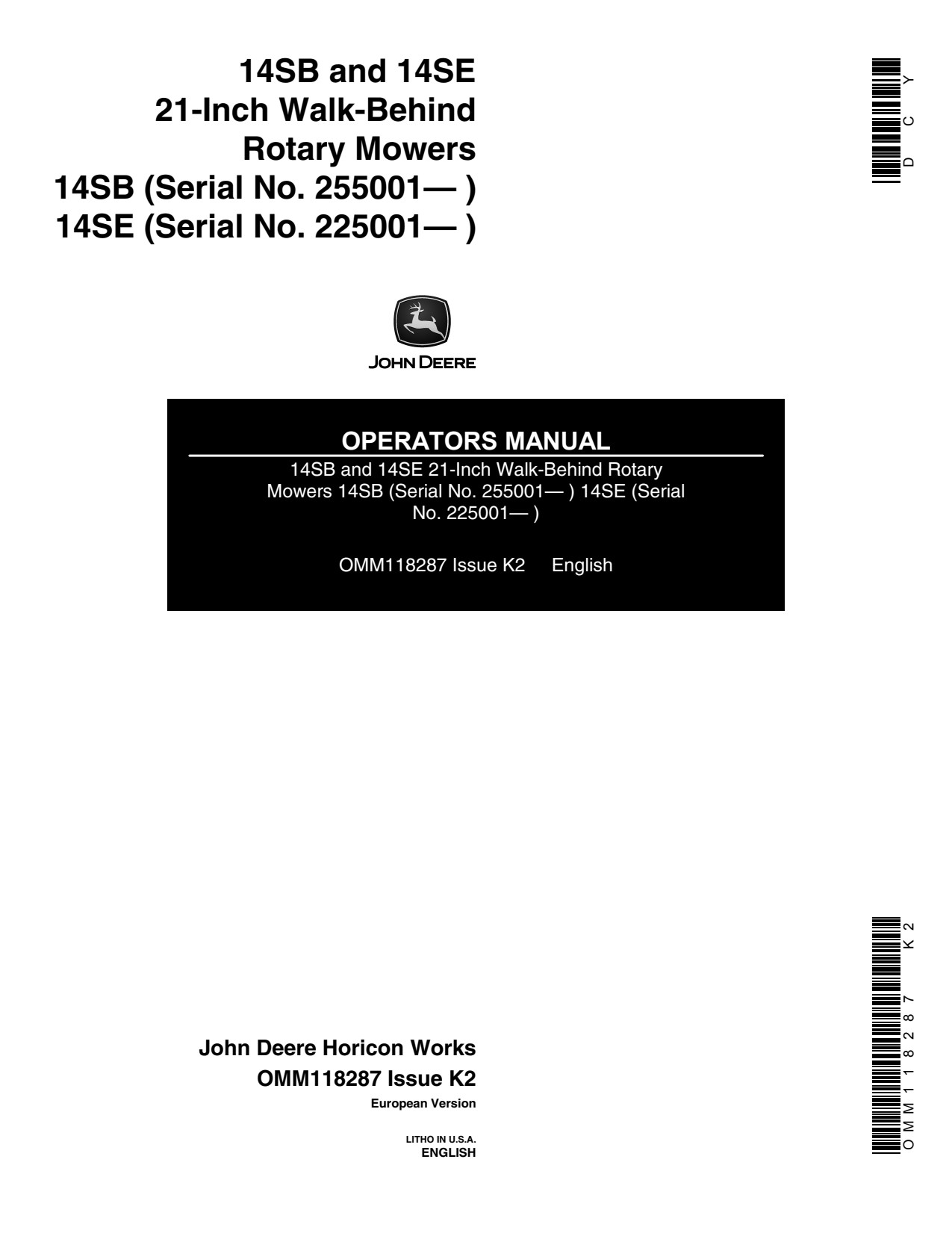John Deere 21 Inch 14SB 14SE Walk-behind Rotary Mower Operator Manual OMM118287 1 John Deere 21 Inch 14SB 14SE Walk-behind Rotary Mower Operator Manual OMM118287