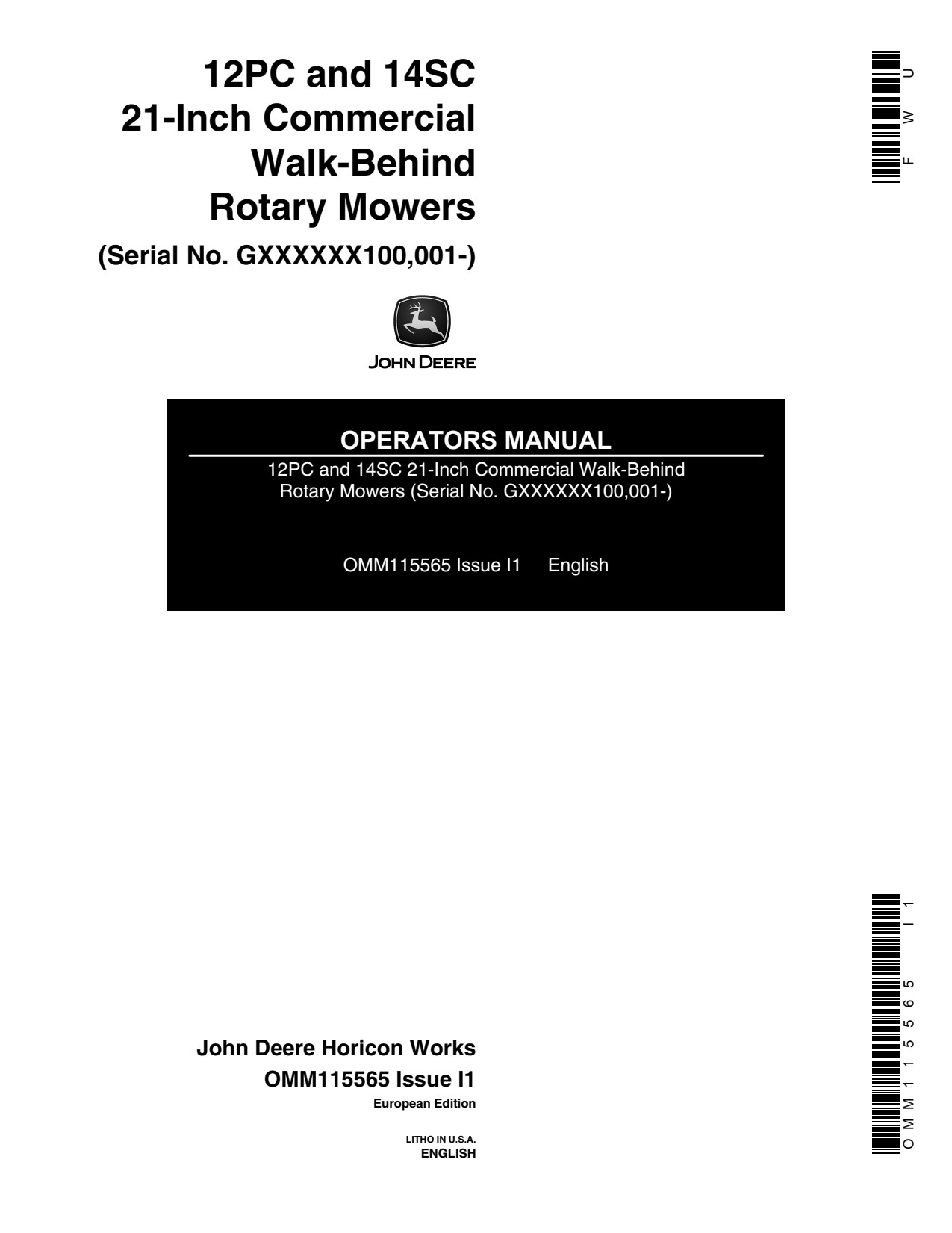 John Deere 21 Inch 14SC 12PC Commercial Walk-behind Rotary Mower Operator Manual OMM115565 1 John Deere 21 Inch 14SC 12PC Commercial Walk-behind Rotary Mower Operator Manual OMM115565