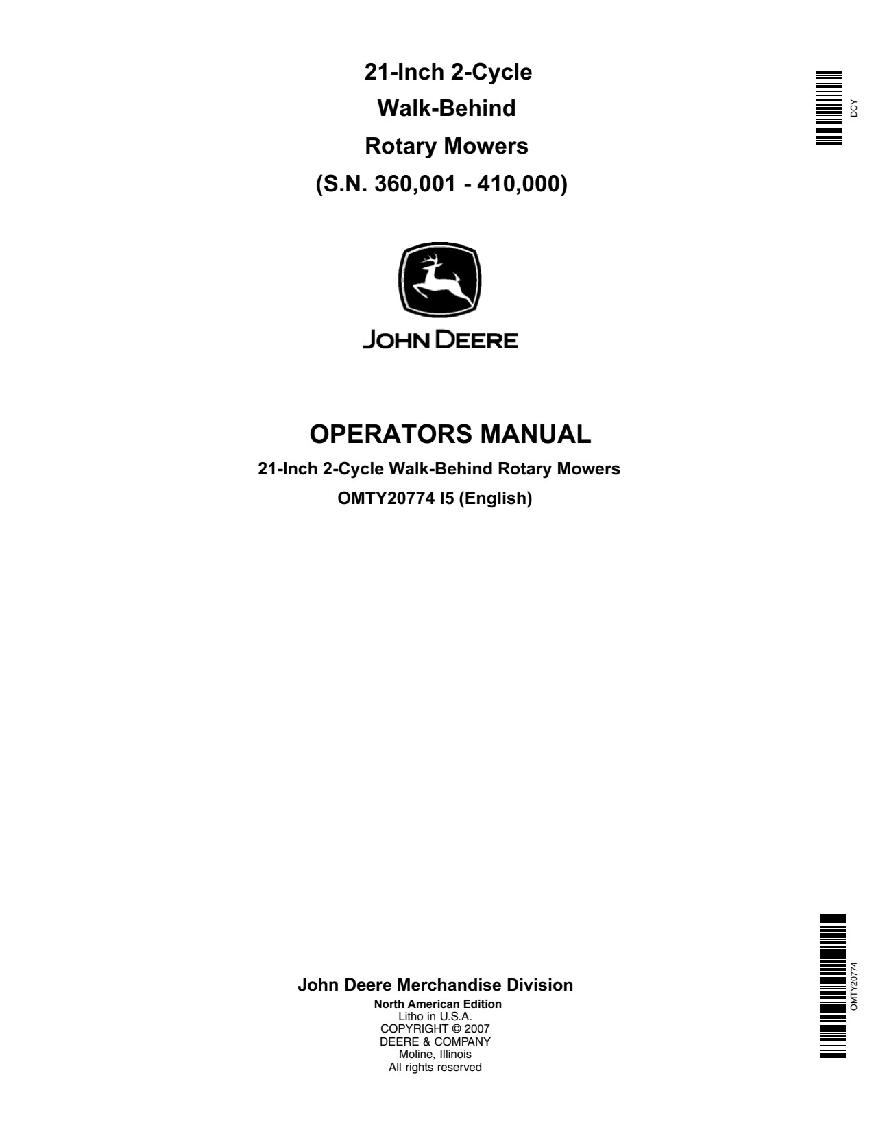 John Deere 21 Inch Cycle Walk-behind Rotary Mower Operator Manual OMTY20774 1 John Deere 21 Inch Cycle Walk-behind Rotary Mower Operator Manual OMTY20774