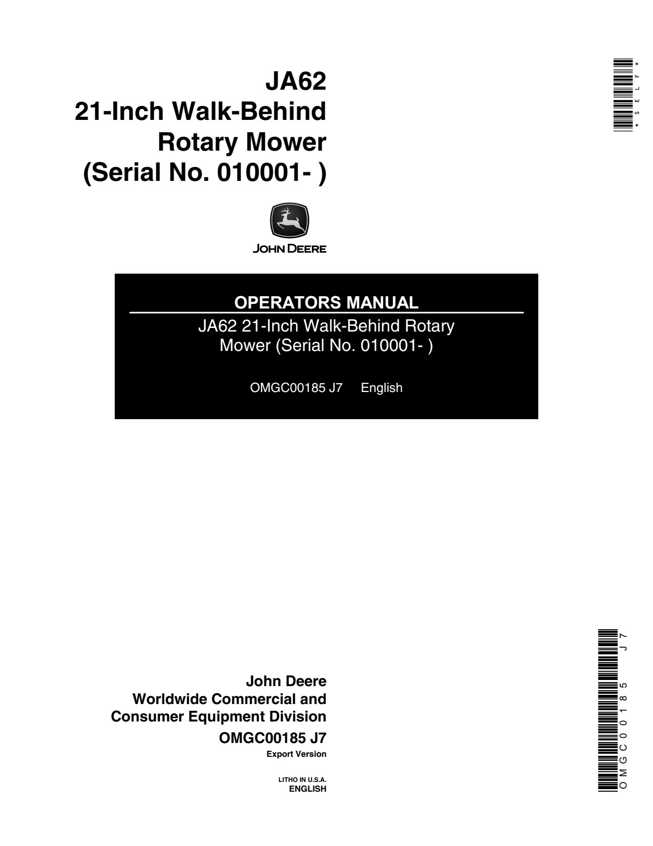 John Deere 21 Inch JA62 Walk-behind Rotary Mower Operator Manual OMGC00185 1 John Deere 21 Inch JA62 Walk-behind Rotary Mower Operator Manual OMGC00185