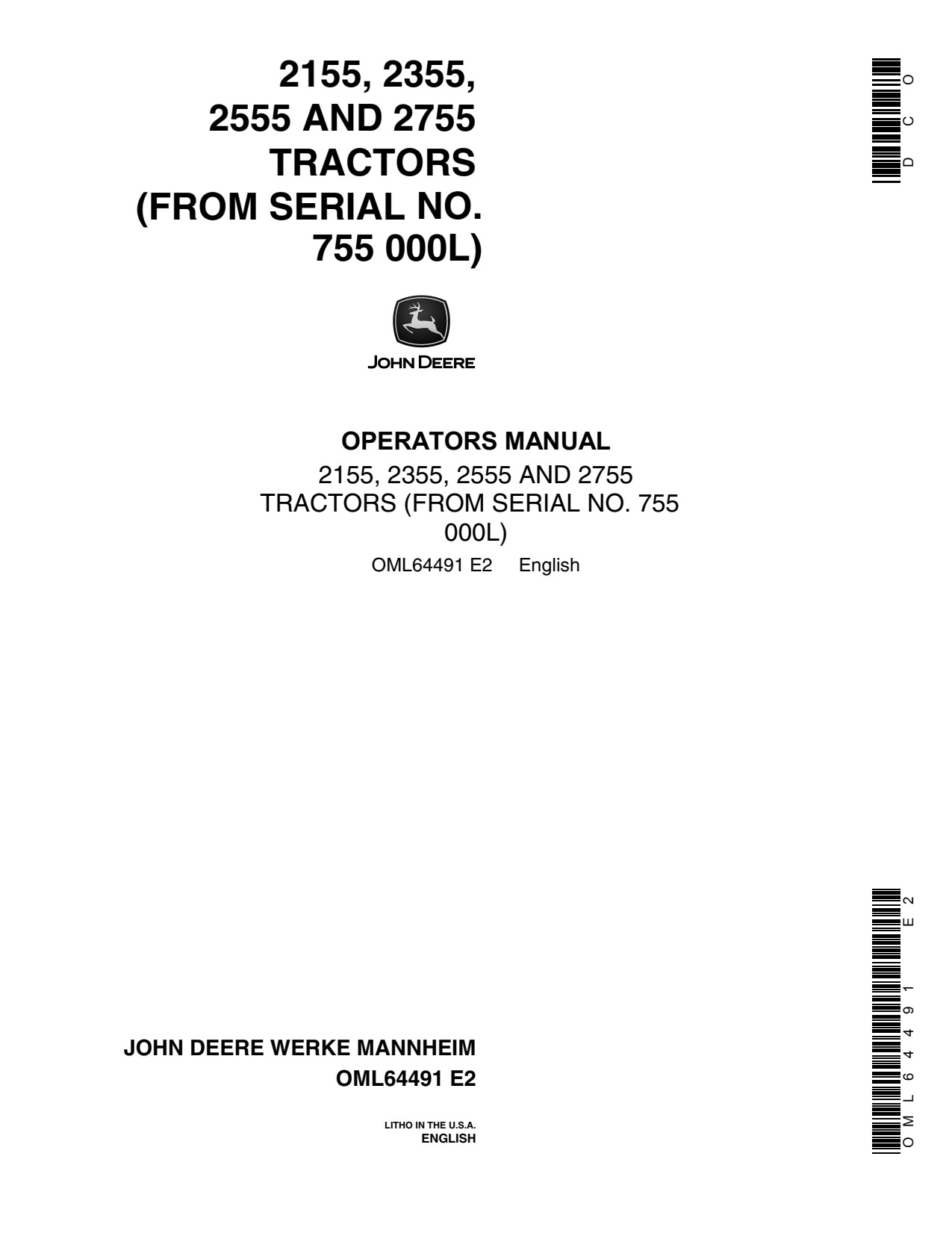 John Deere 2155 to 2755 Tractor Operator Manual OML64491 1 John Deere 2155 to 2755 Tractor Operator Manual OML64491