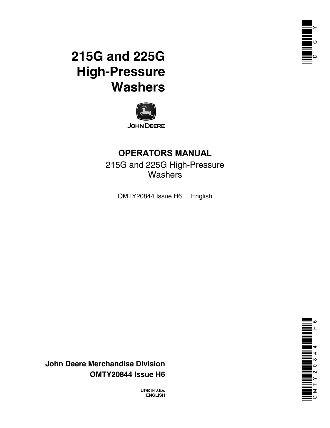 John Deere 215G 225G 215 High-Pressure Washer Operator Manual OMTY20844 1 John Deere 215G 225G 215 High-Pressure Washer Operator Manual OMTY20844