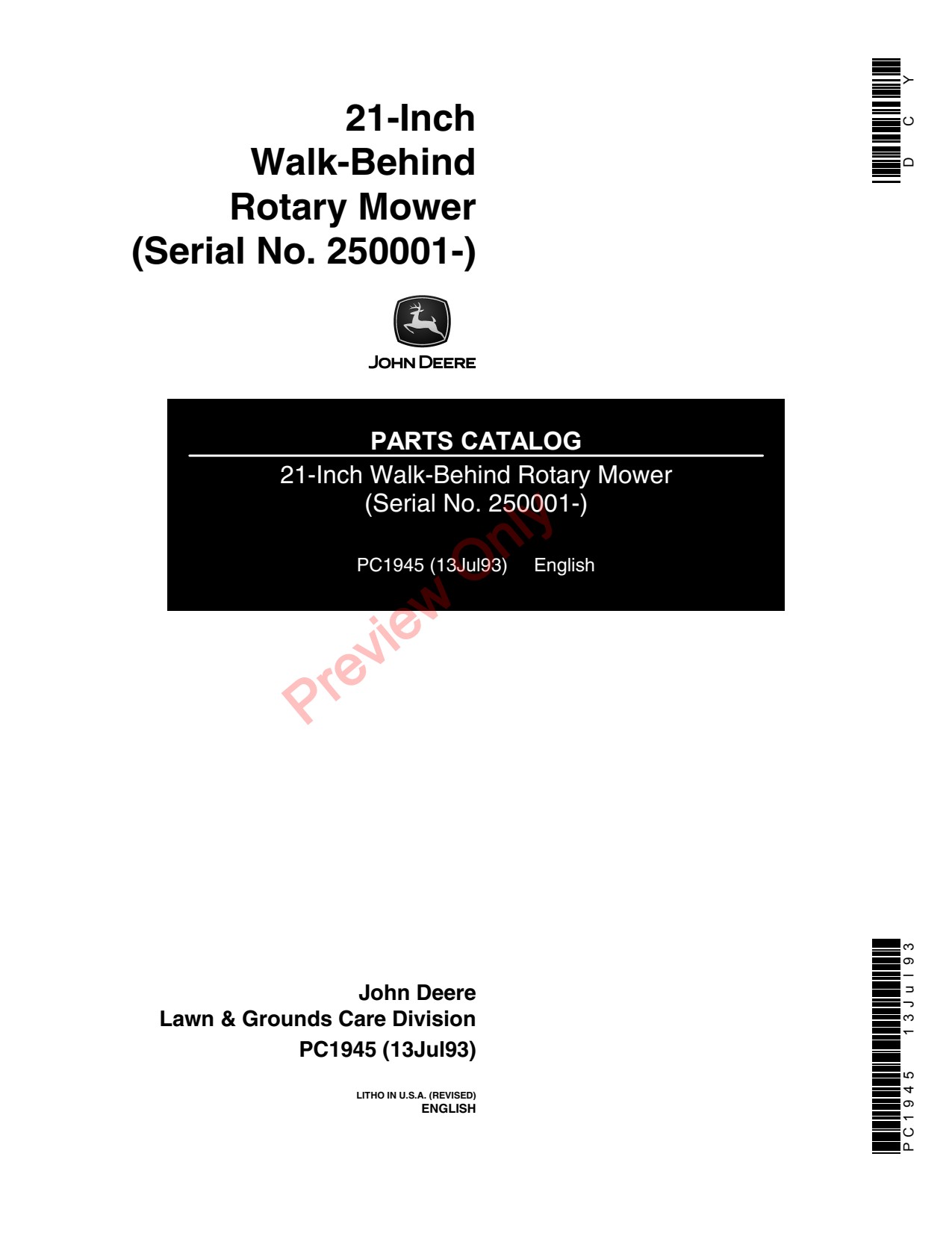 John Deere 21SP 21 Walk-behind Rotary Mower Parts Catalog PC1945 1 John Deere 21SP 21 Walk-behind Rotary Mower Parts Catalog PC1945