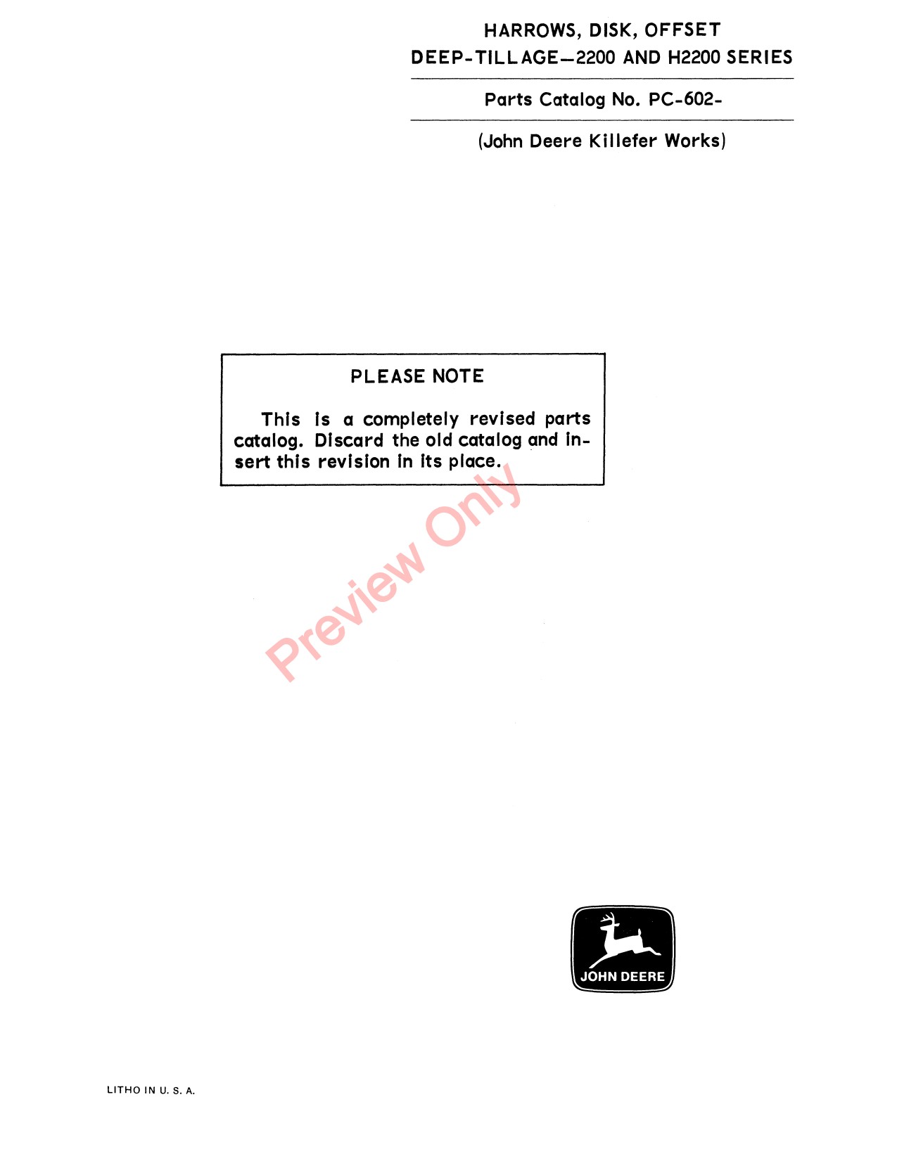 John Deere 2200 H2200 Offset Disk Harrow Parts Catalog PC602 1 John Deere 2200 H2200 Offset Disk Harrow Parts Catalog PC602