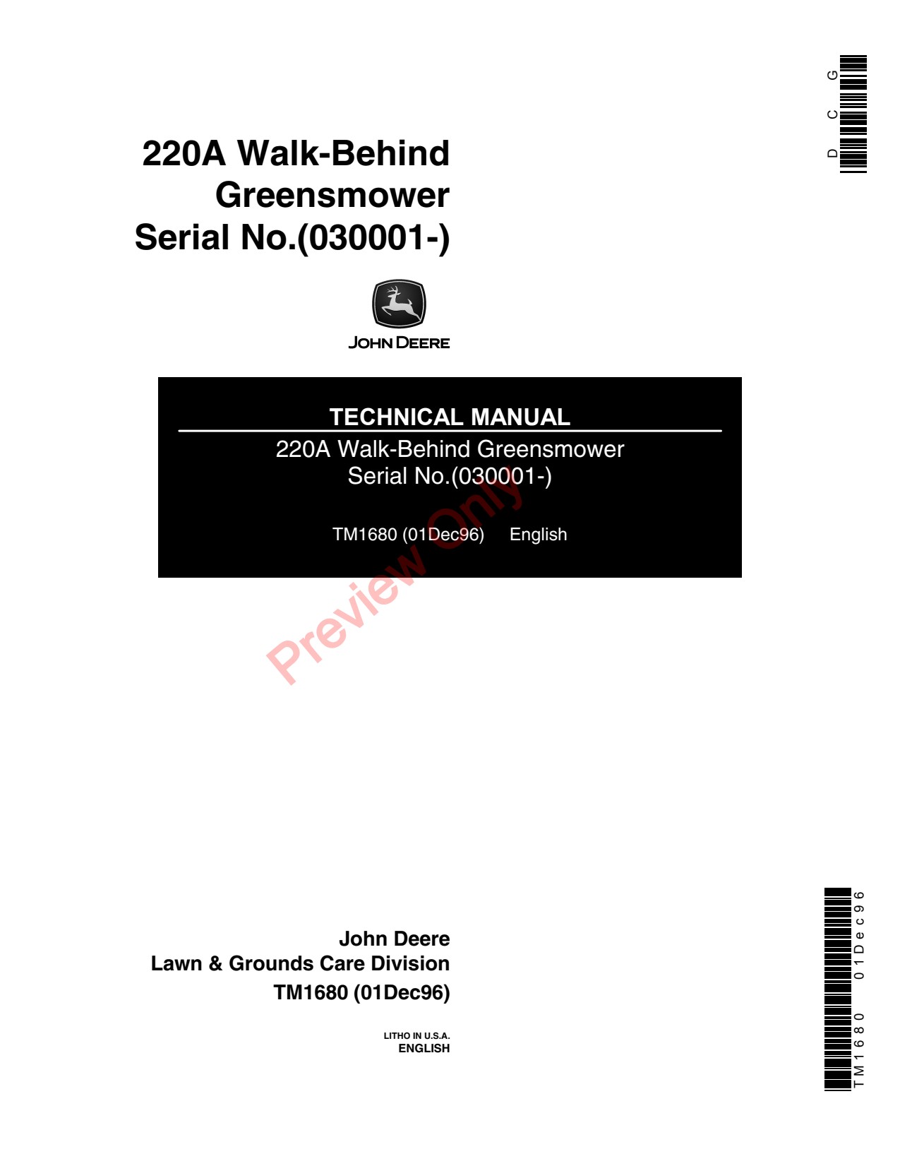 John Deere 220A 180A Walk-Behind Greensmower Technical Manual TM1680 1 John Deere 220A 180A Walk-Behind Greensmower Technical Manual TM1680