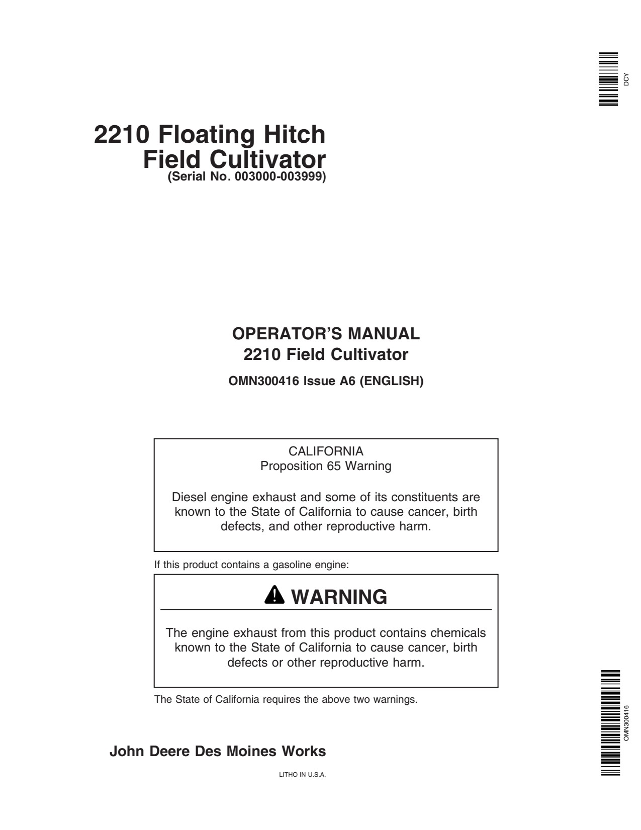 John Deere 2210 Hitch Field Cultivator Operator Manual OMN300416 1 John Deere 2210 Hitch Field Cultivator Operator Manual OMN300416