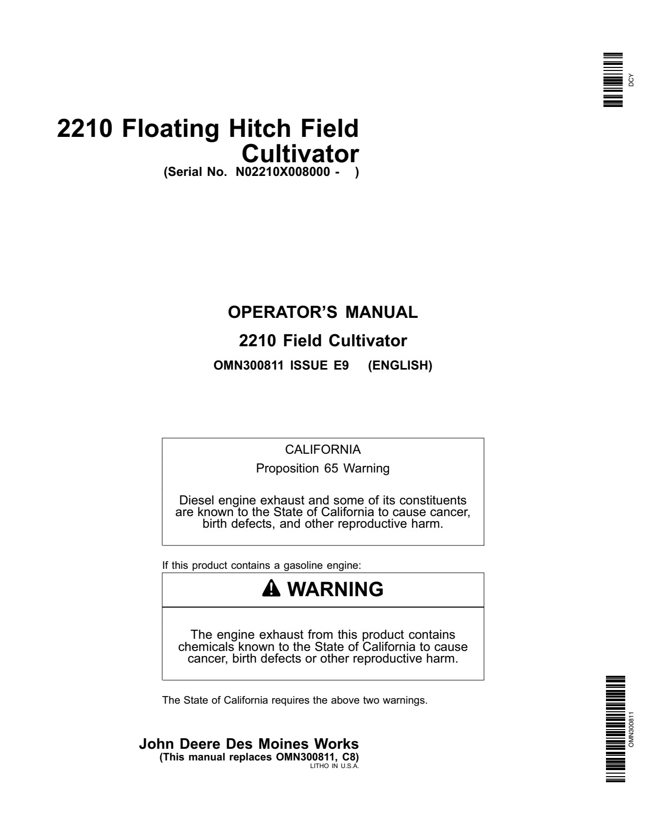 John Deere 2210 Hitch Field Cultivator Operator Manual OMN300811 1 John Deere 2210 Hitch Field Cultivator Operator Manual OMN300811