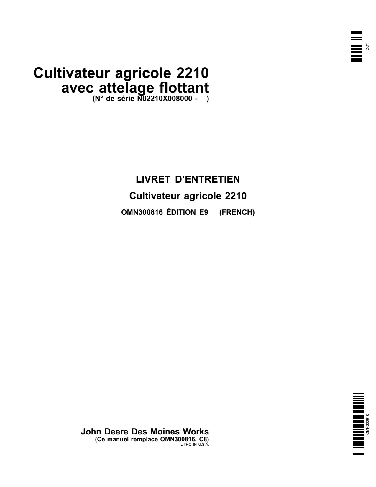 John Deere 2210 Hitch Field Cultivator Operator Manual OMN300816 FR 1 John Deere 2210 Hitch Field Cultivator Operator Manual OMN300816 FR